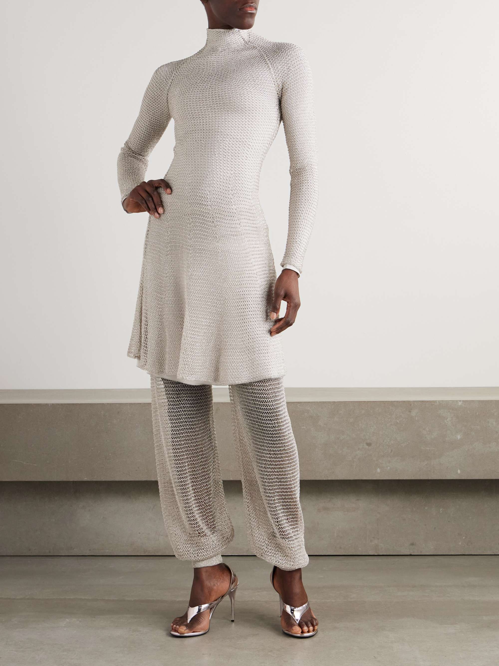 Metallic open-knit turtleneck mini dress view
