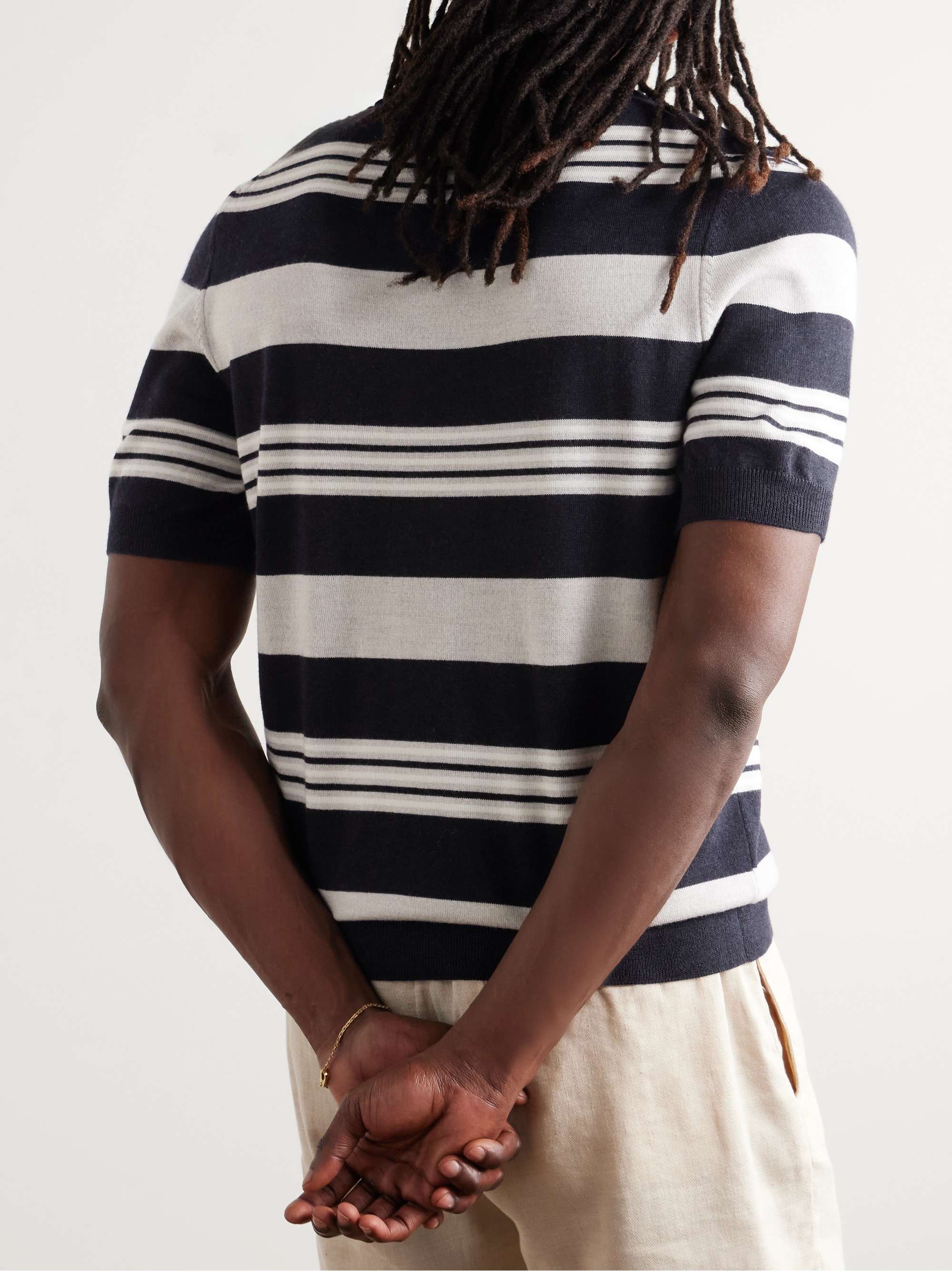 Camp-Collar Striped Merino Wool Polo Shirt view