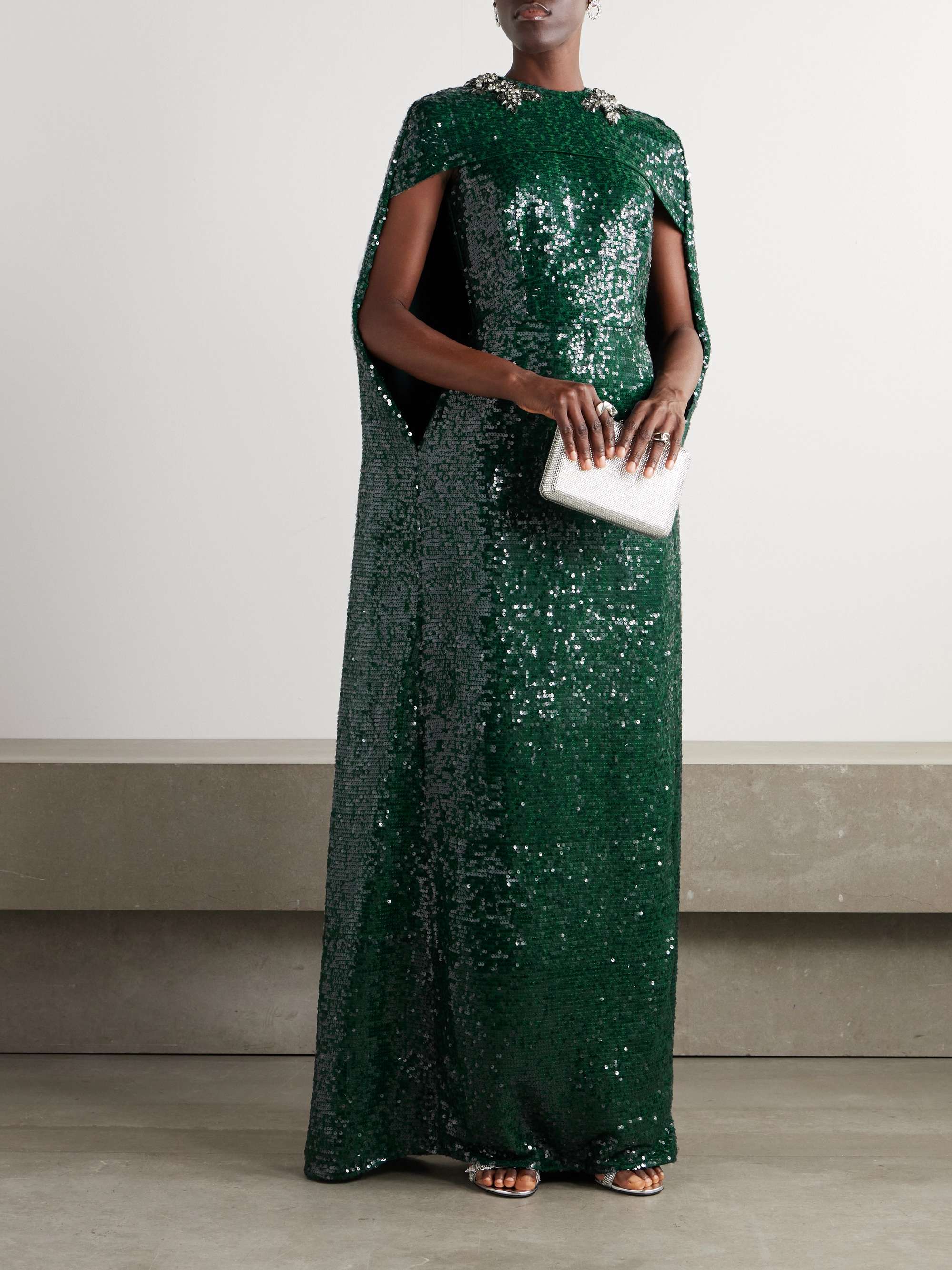 Cape-effect crystal-embellished sequined crepe gown view