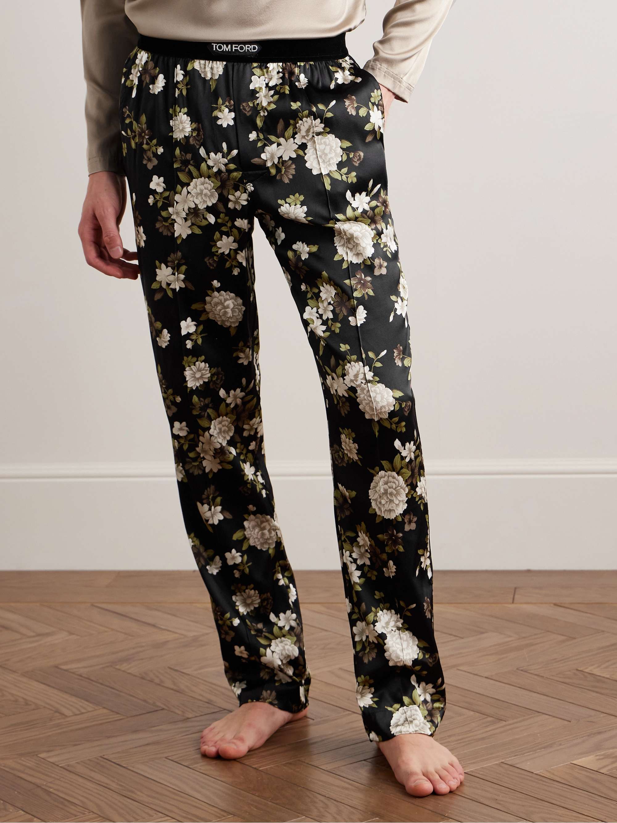 Velvet-Trimmed Floral-Print Stretch-Silk Satin Pyjama Trousers view