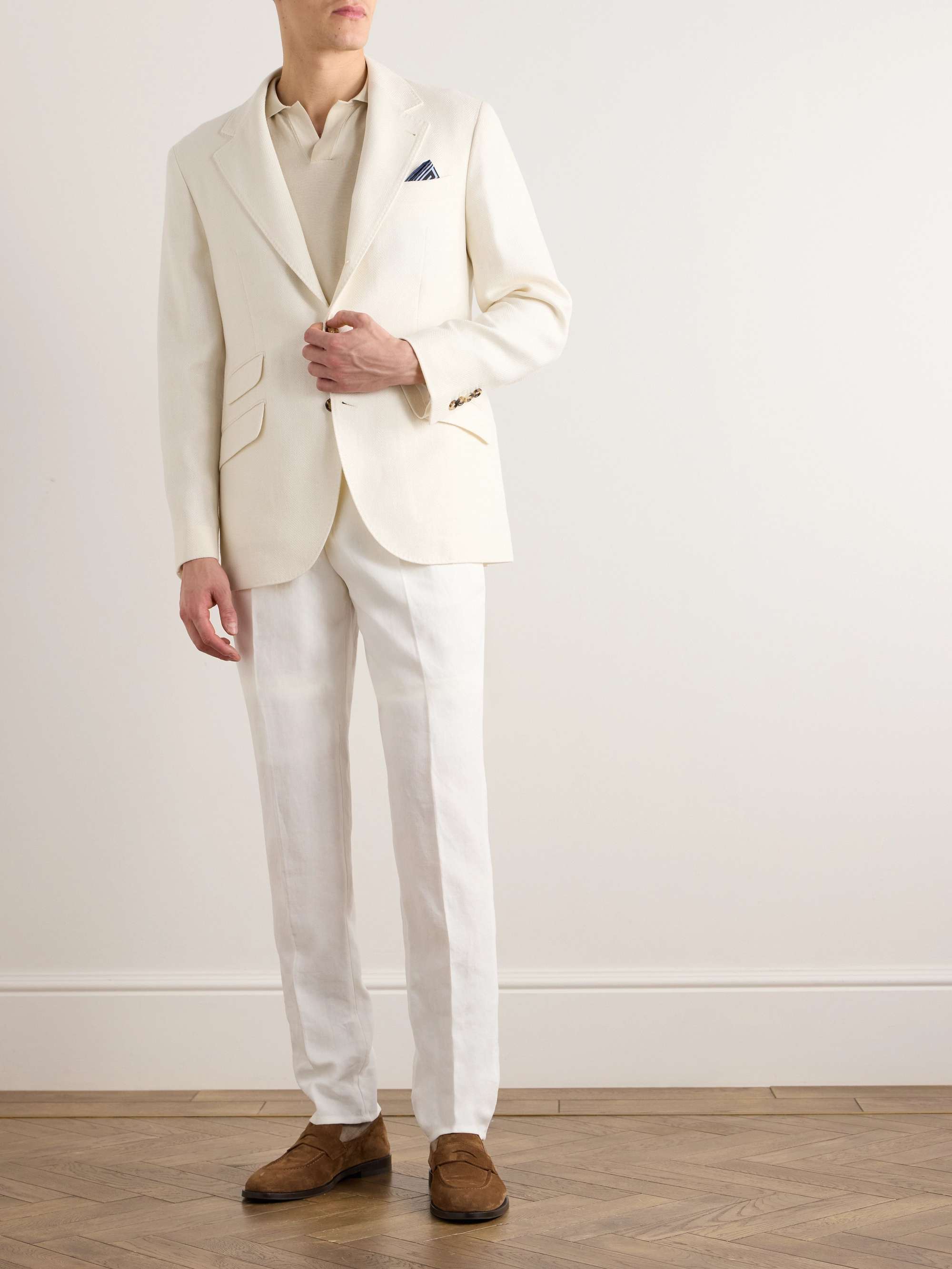 Double-Breasted Herringbone Linen, Silk, Wool and Cotton-Blend Blazer view