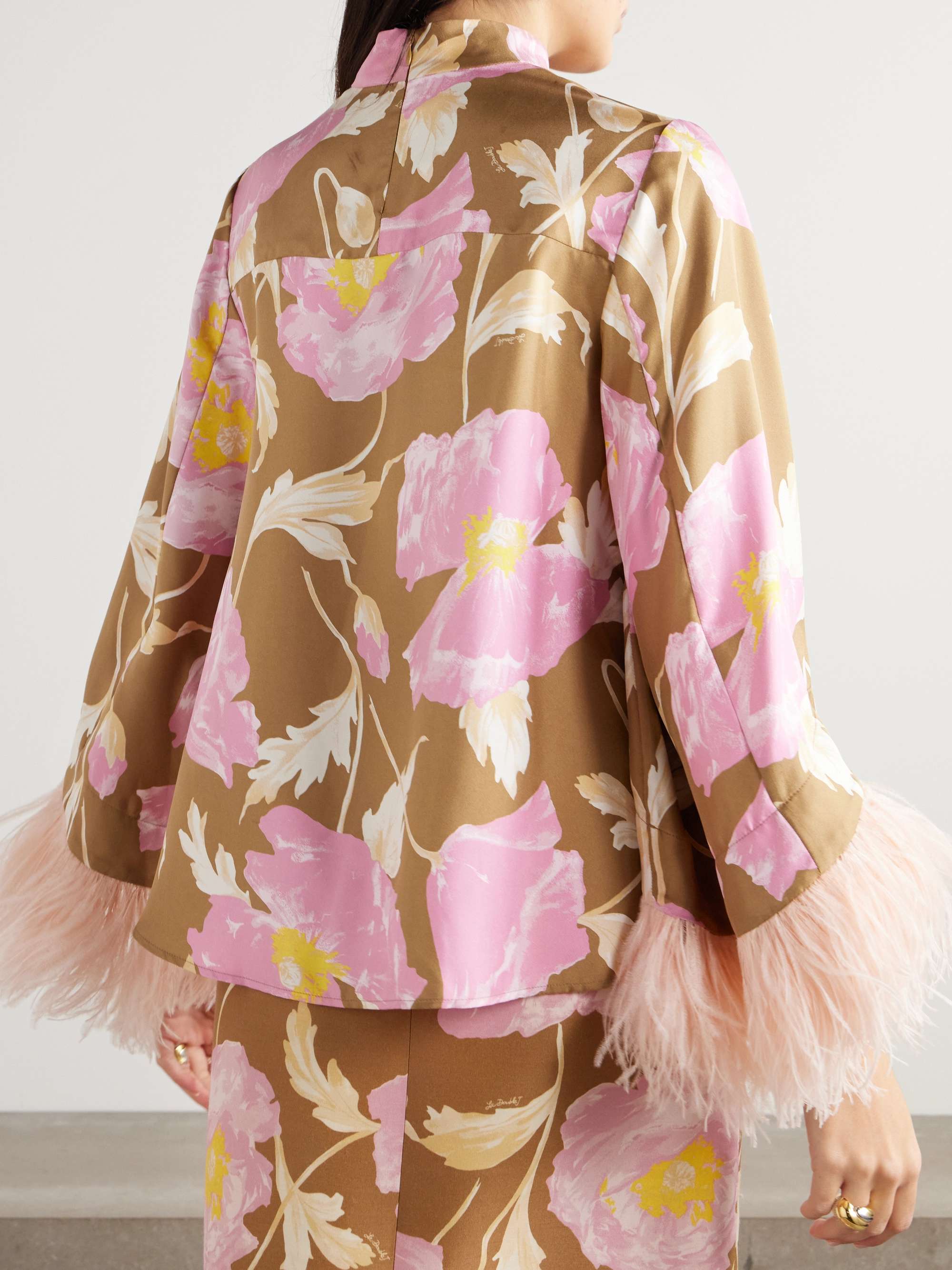 Make An Exit feather-trimmed floral-print silk-twill blouse view