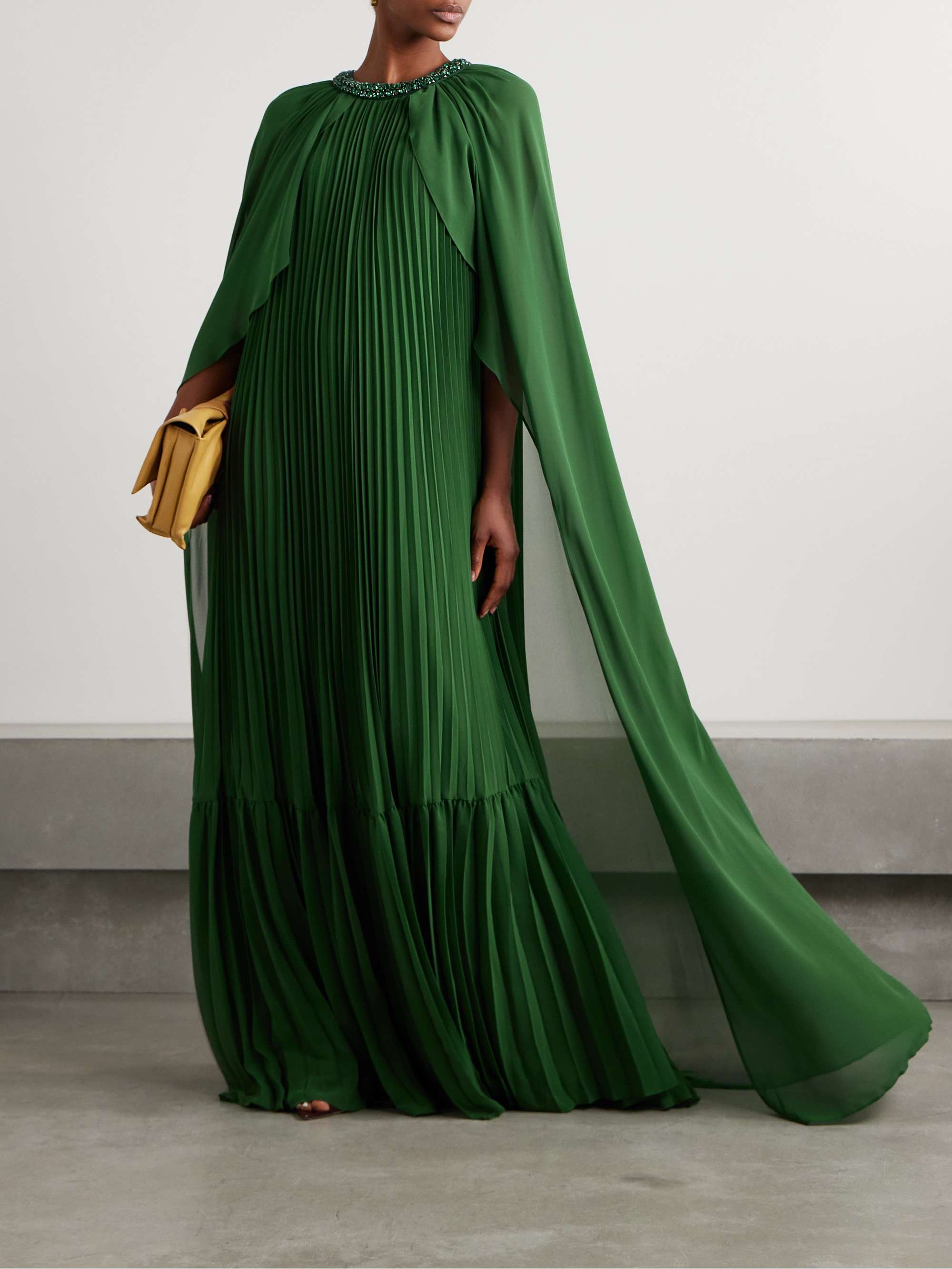 Cape-effect crystal-embellished plissé-chiffon gown view