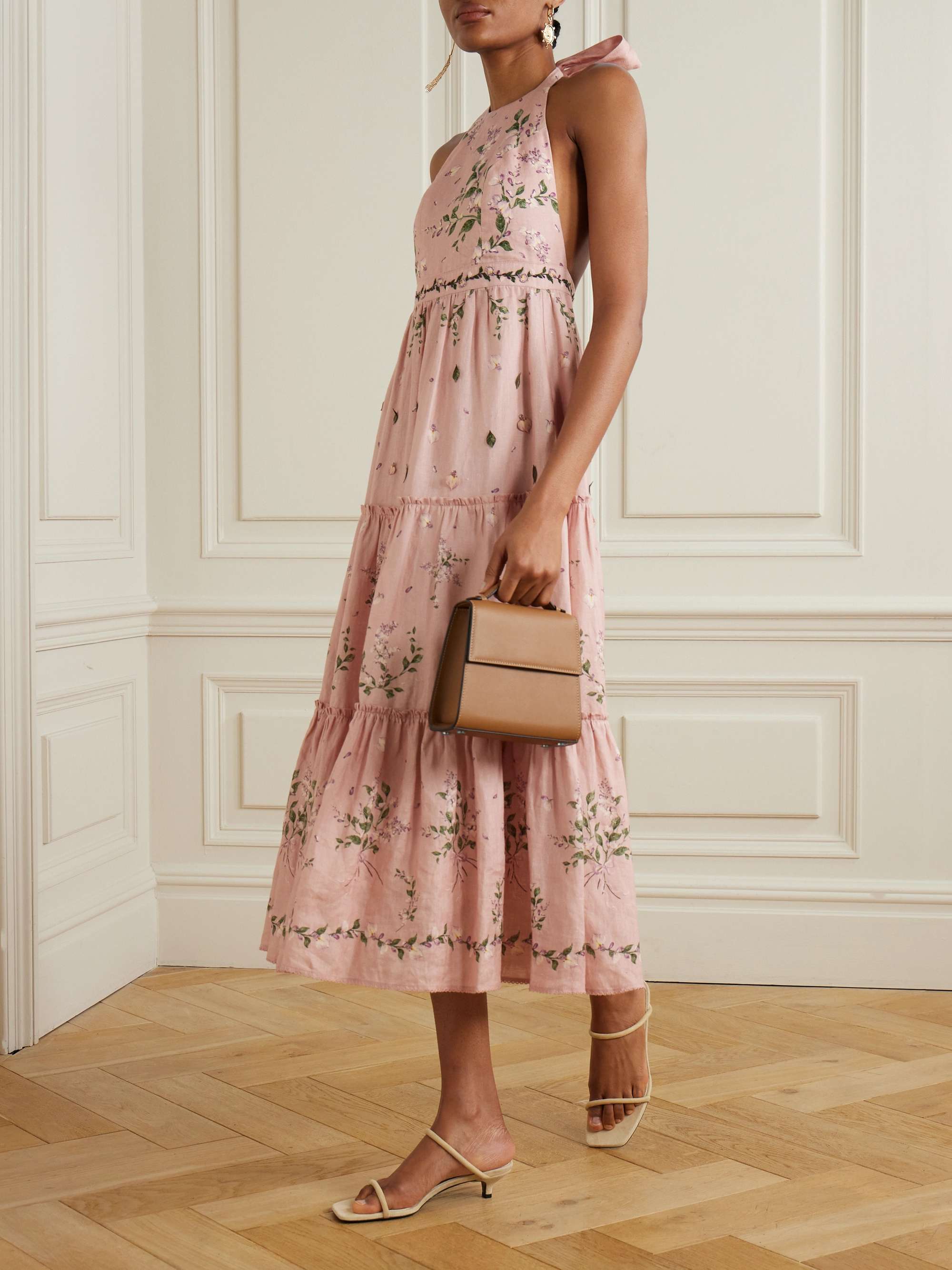 Consuelo Wisteria tiered embroidered floral-print linen halterneck midi dress view