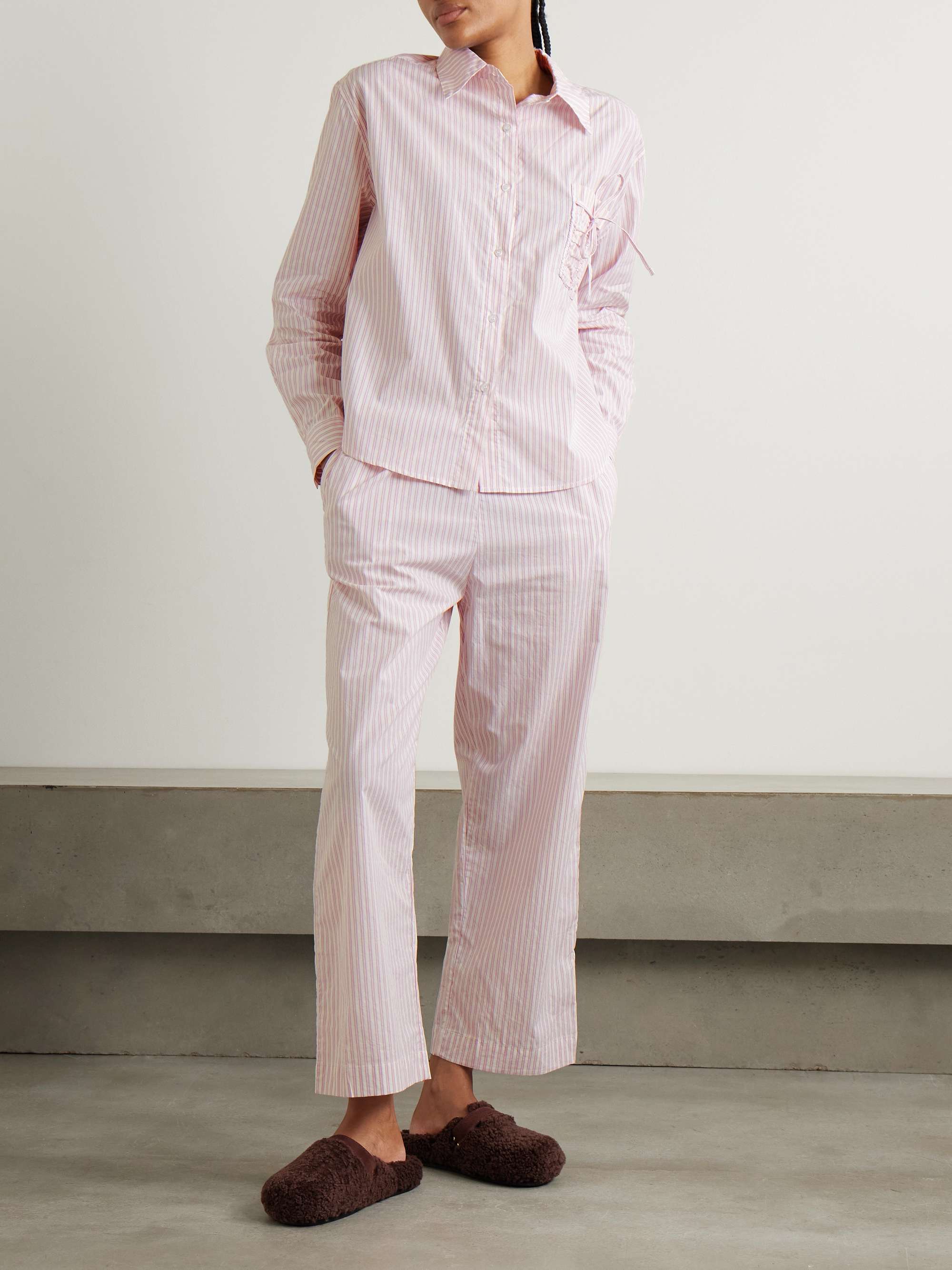Bow-detailed striped organic cotton pajama set view