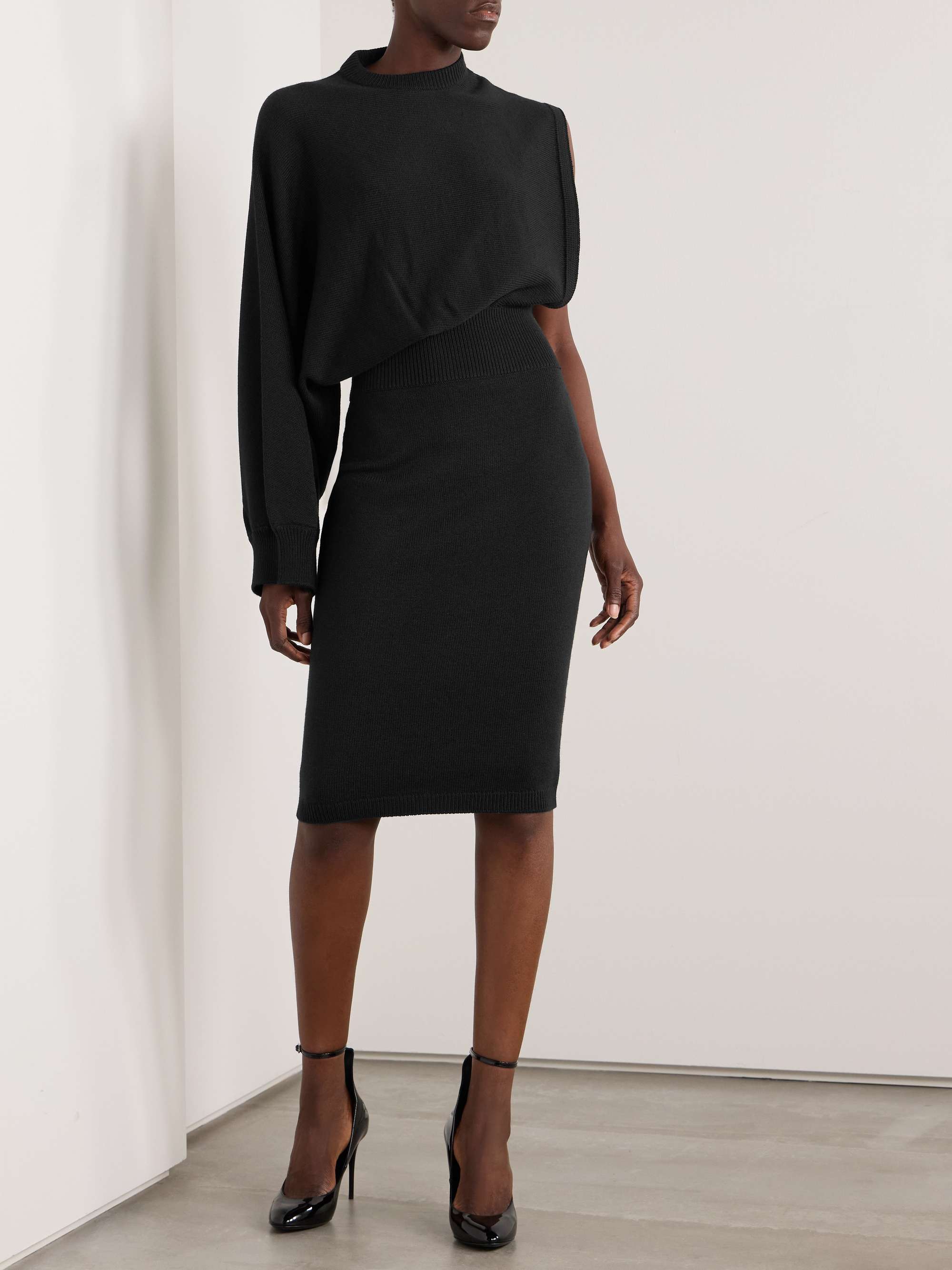 One-sleeve asymmetric knitted wool midi dress view