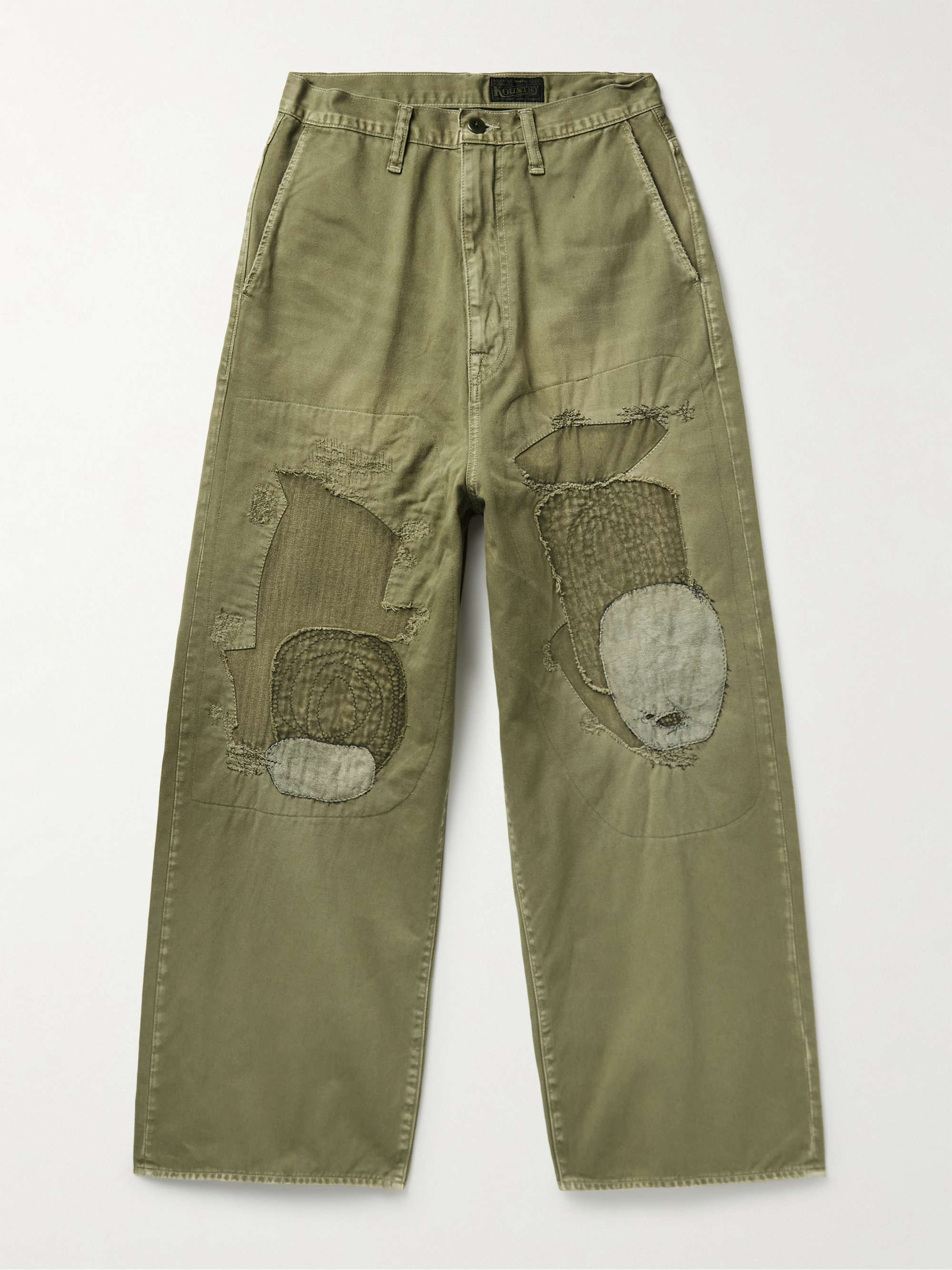 Katsuragi Port Wide-Leg Patchwork Distressed Cotton-Twill Trousers view