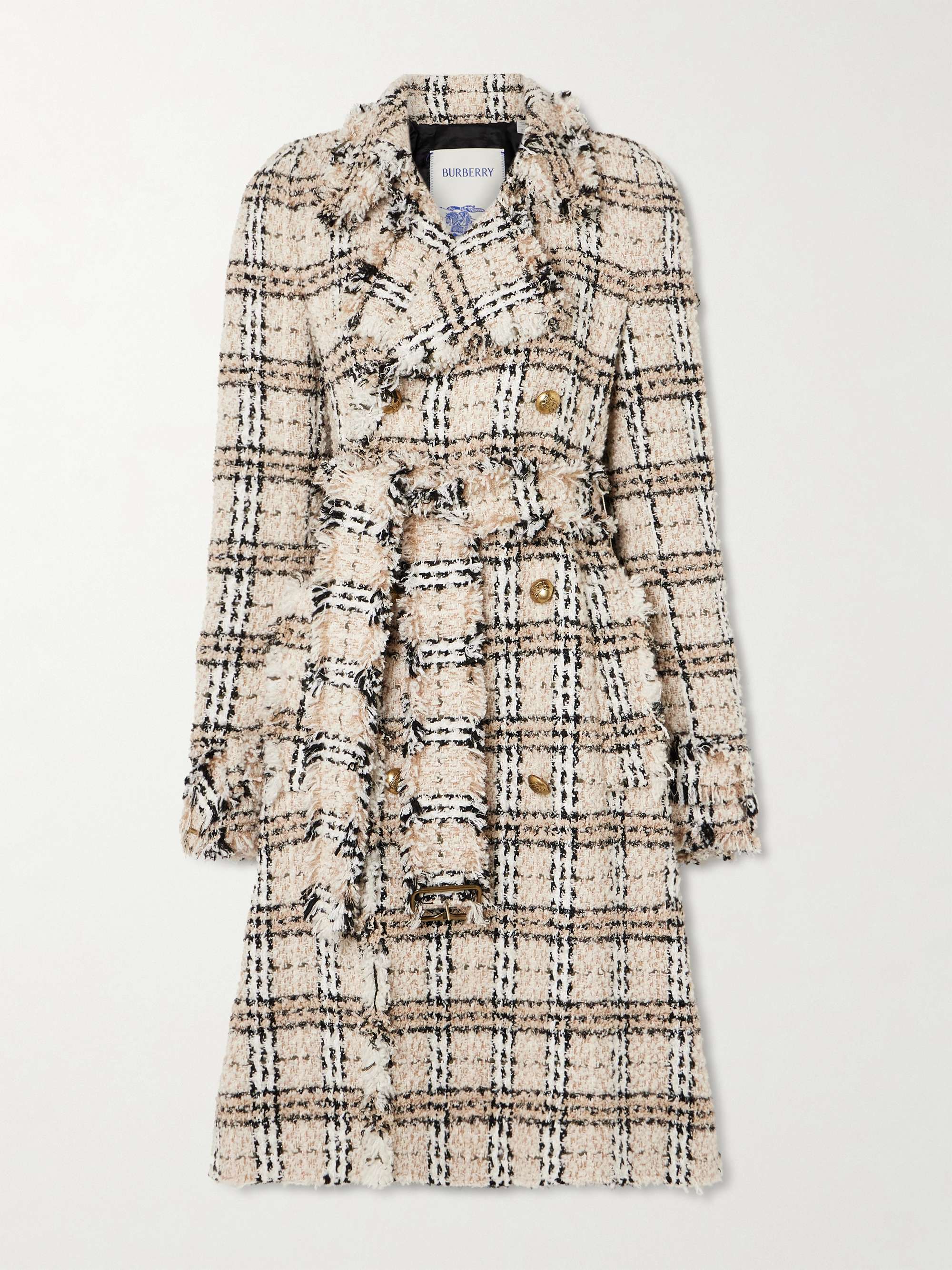 Double-breasted belted frayed metallic tweed coat view