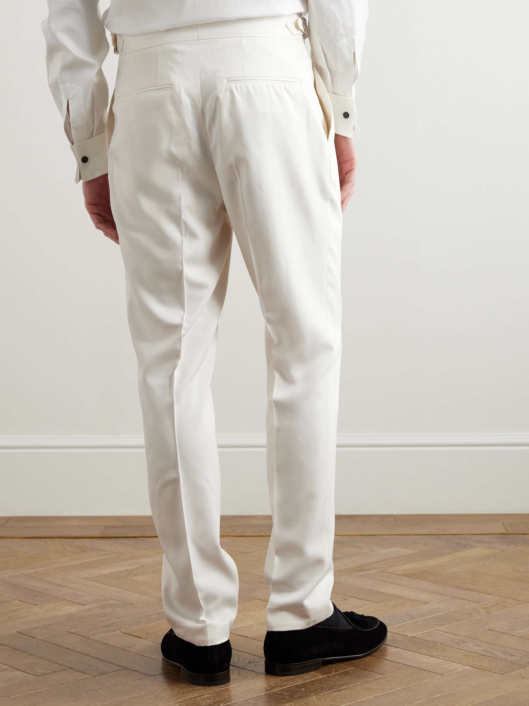 Straight-Leg Pleated Silk-Satin Tuxedo Trousers view