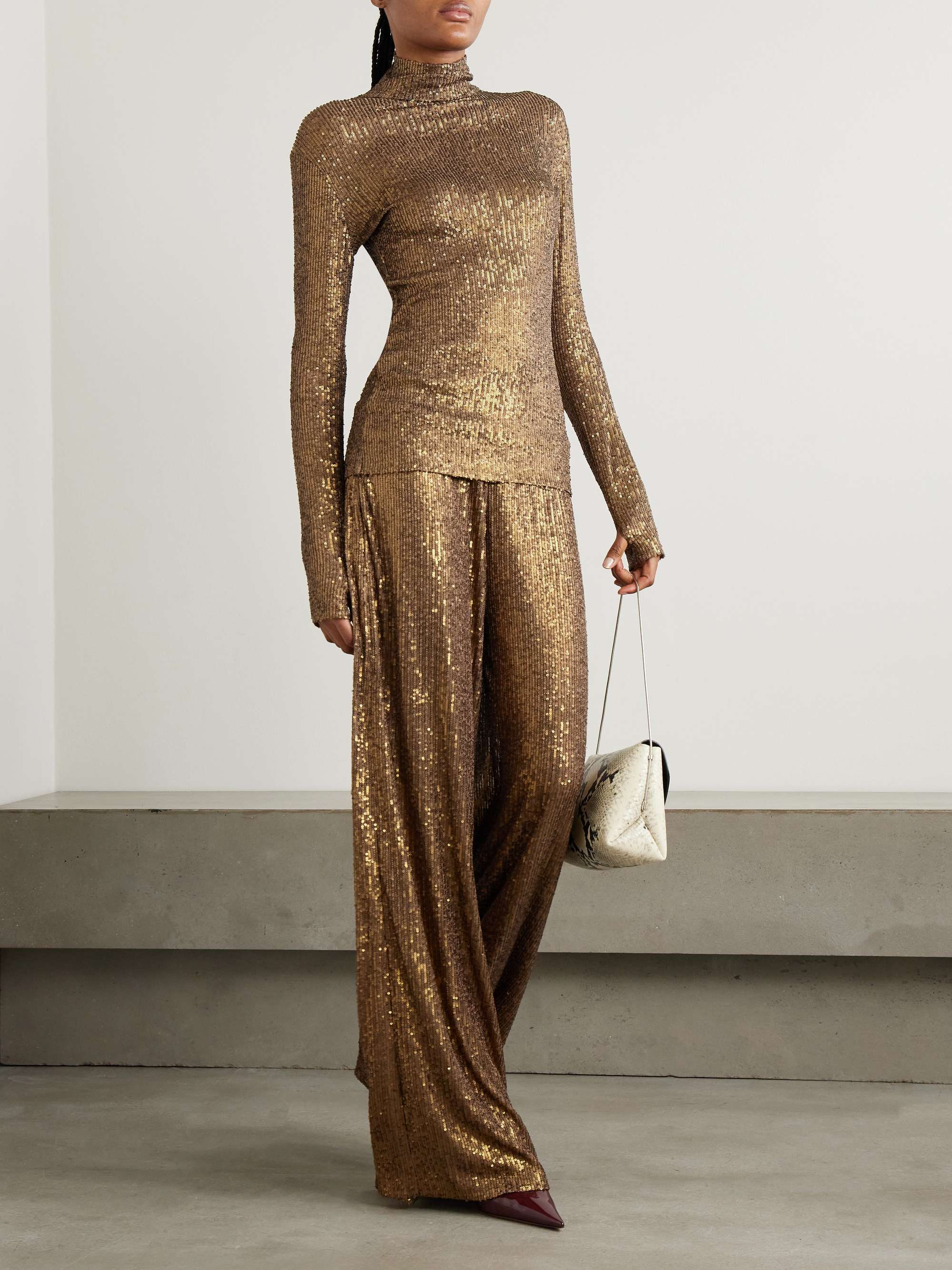 Sequined stretch-mesh turtleneck top view