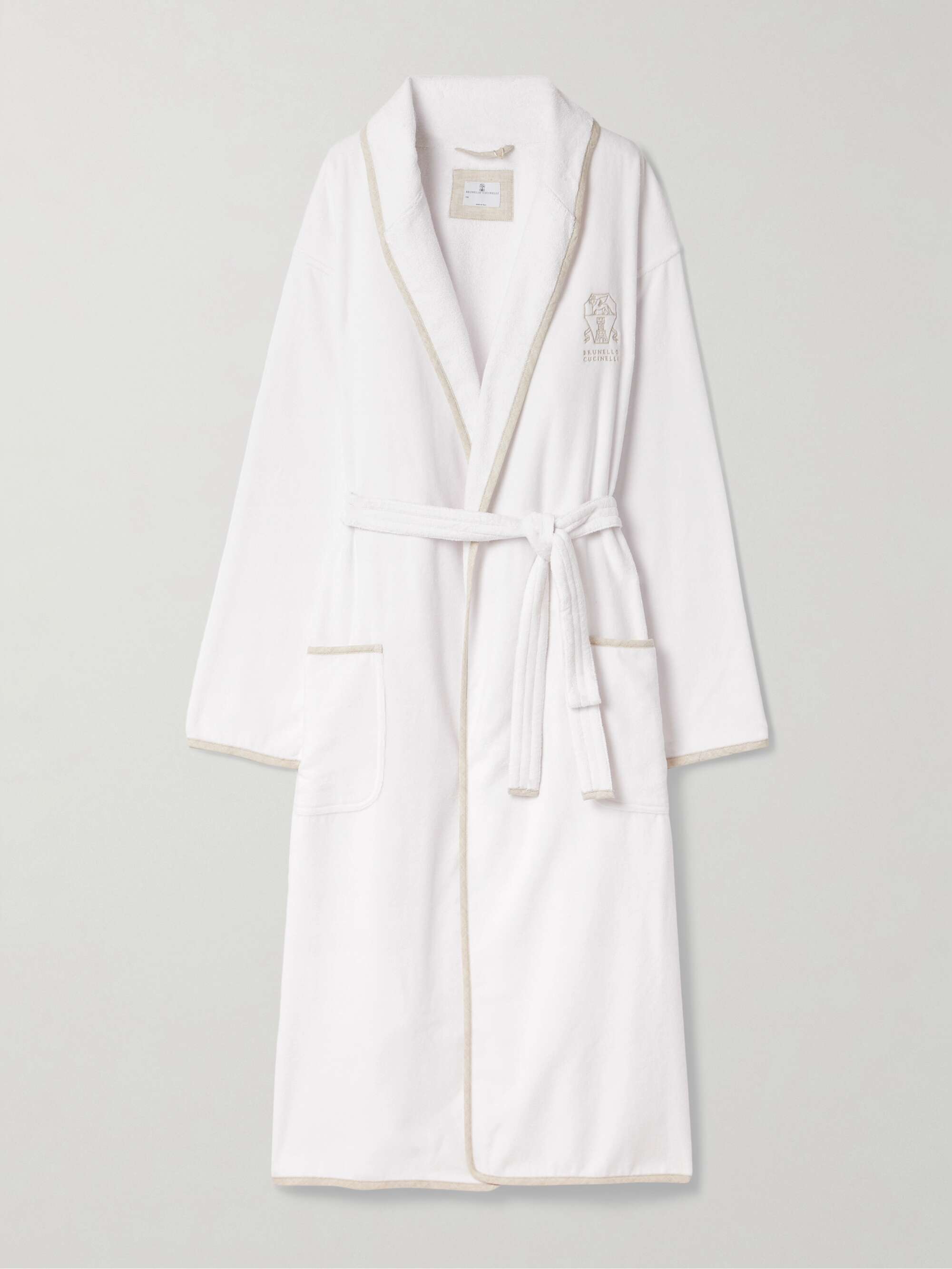 Embroidered linen-trimmed cotton-terry robe view
