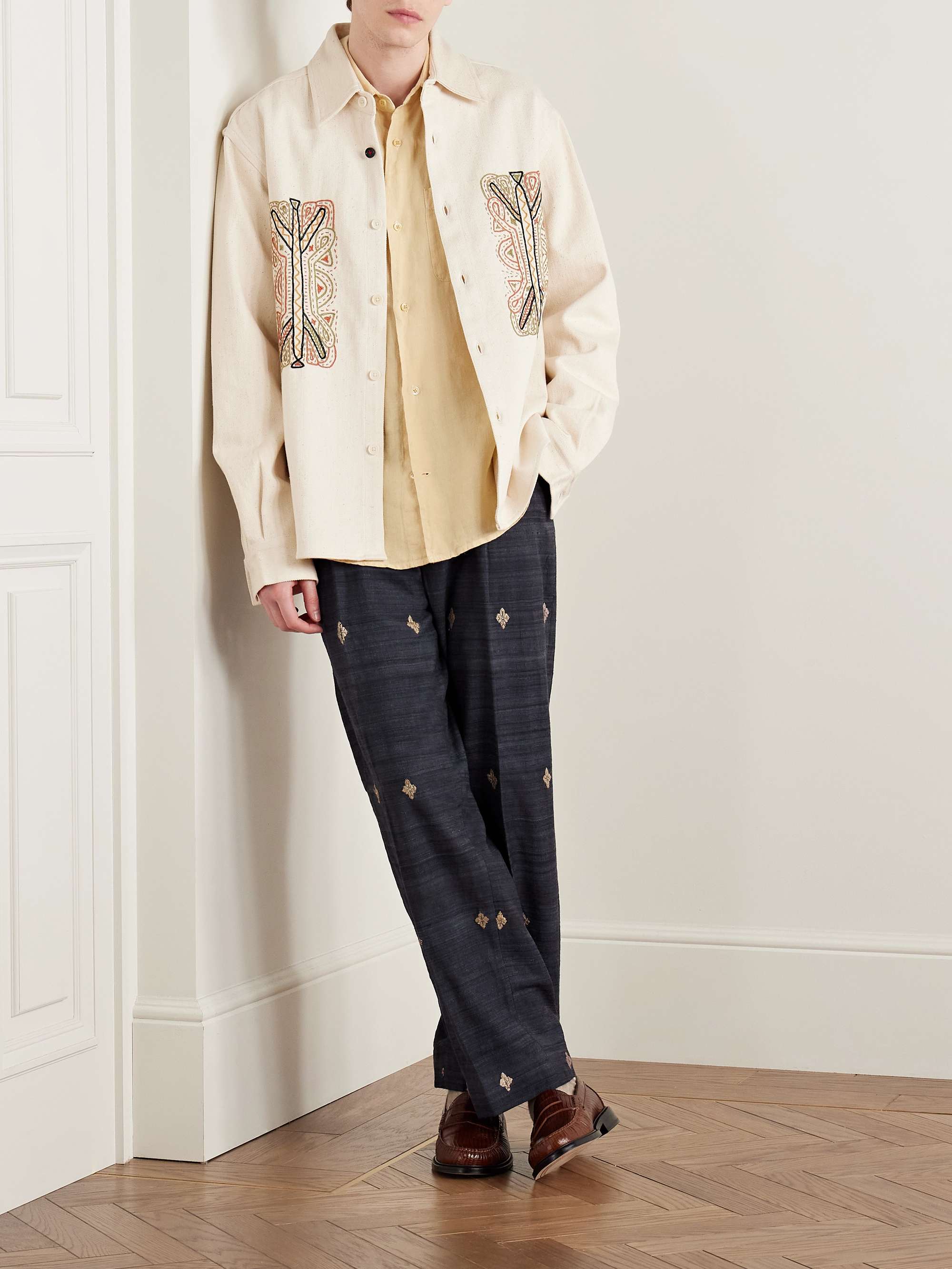 Straight-Leg Pleated Embroidered Silk Trousers view