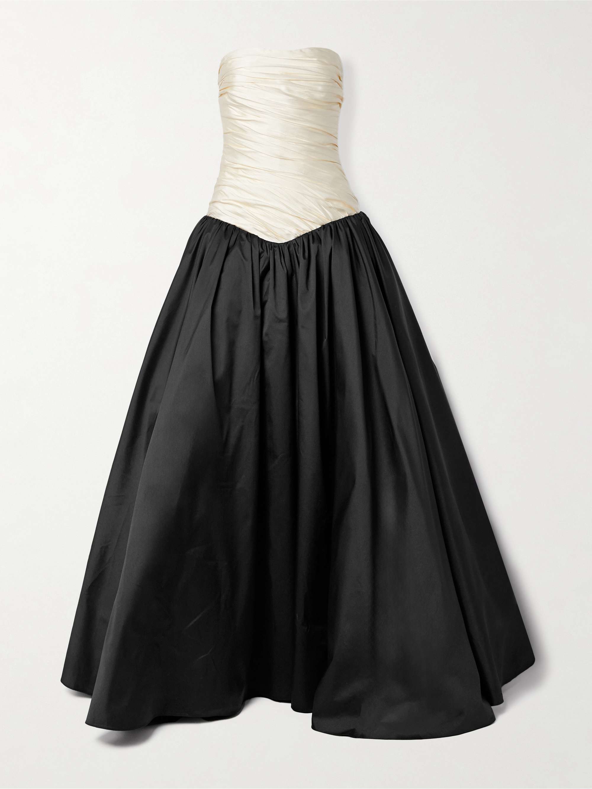 Strapless two-tone gathered plissé-mikado and taffeta gown view