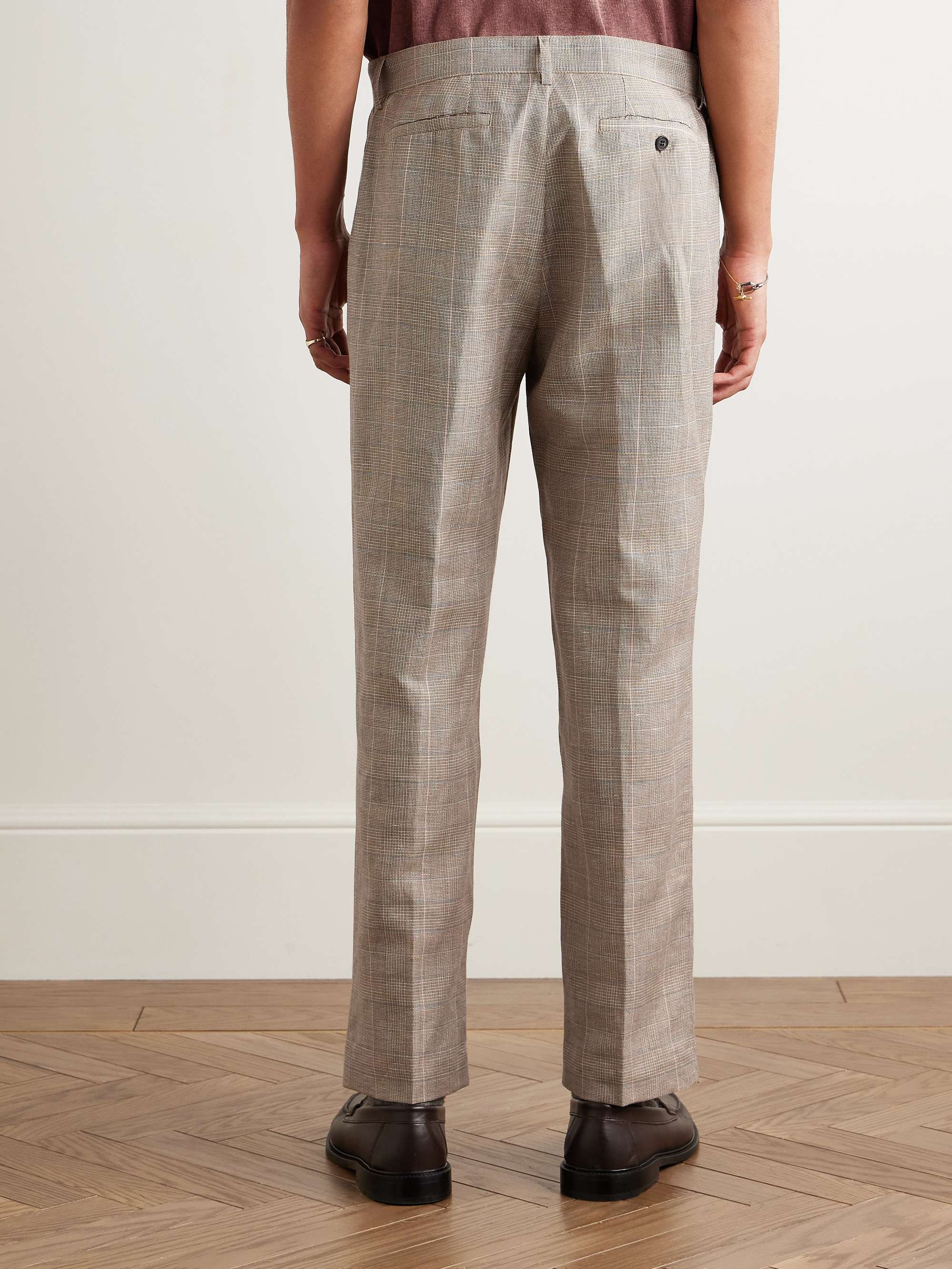 Straight-Leg Pleated Checked Linen and Wool-Blend Trousers view