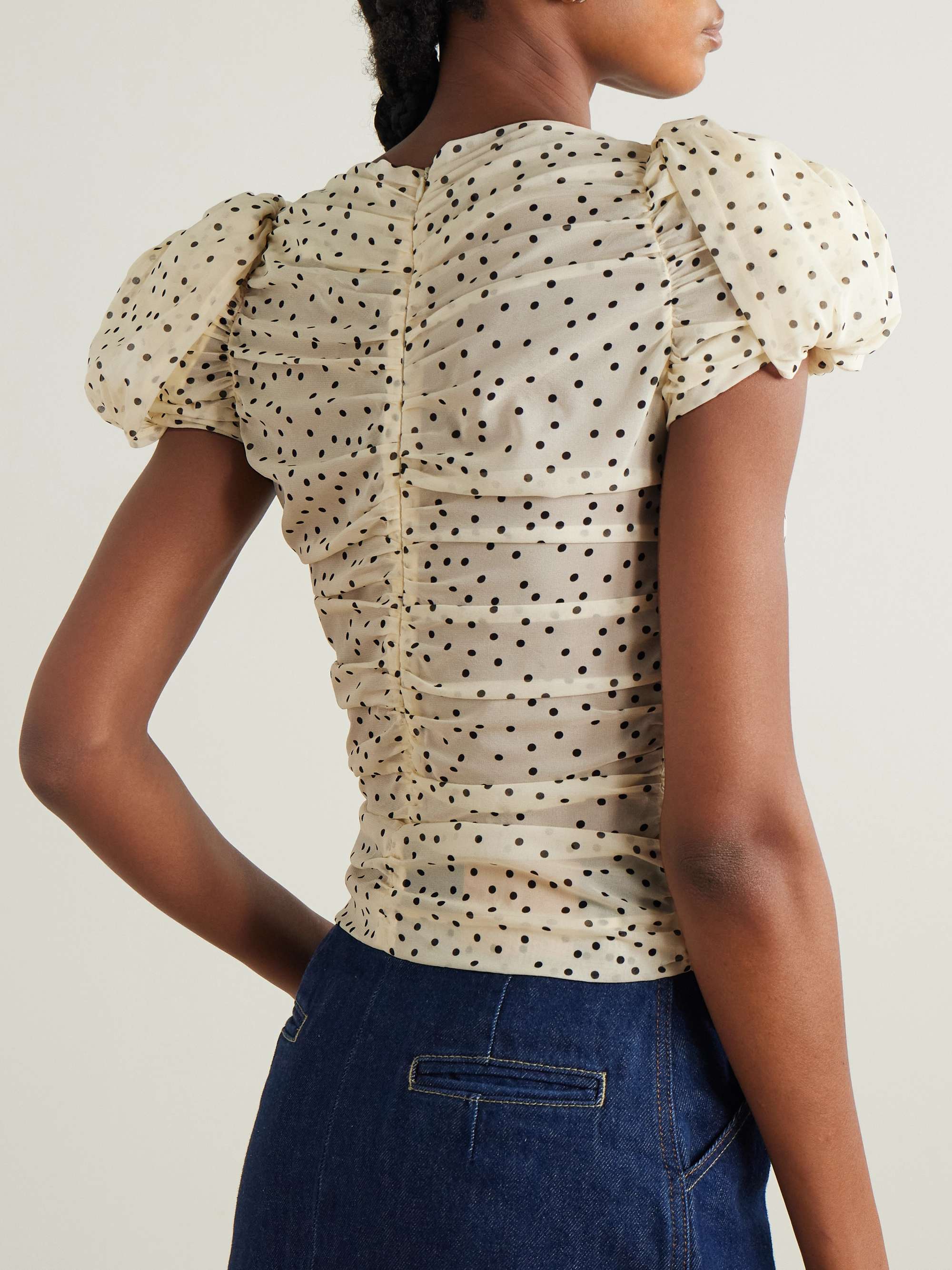 Ruched polka-dot print stretch-silk chiffon top view