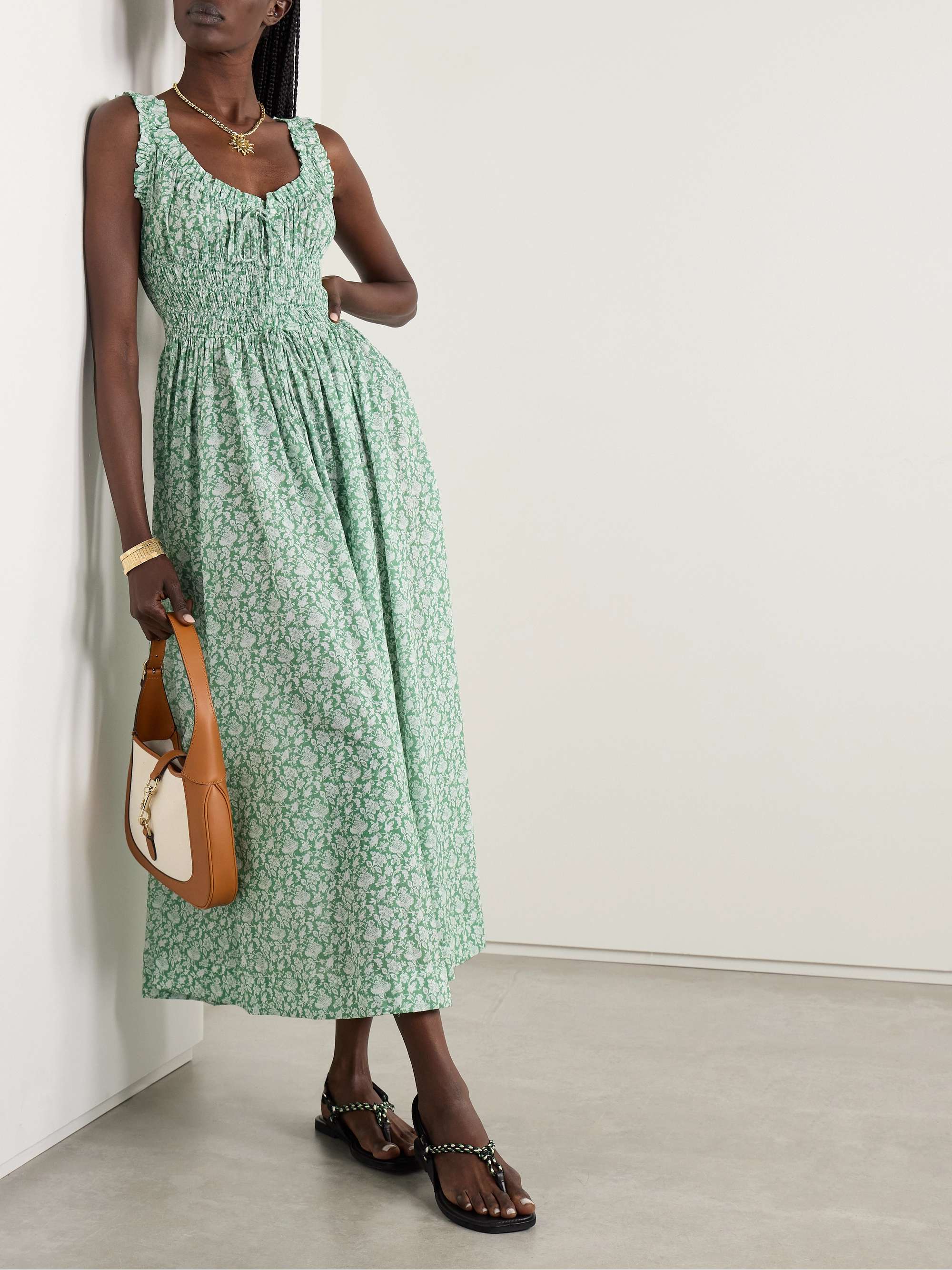 Emmaretta tie-detailed shirred floral-print organic cotton-voile midi dress view