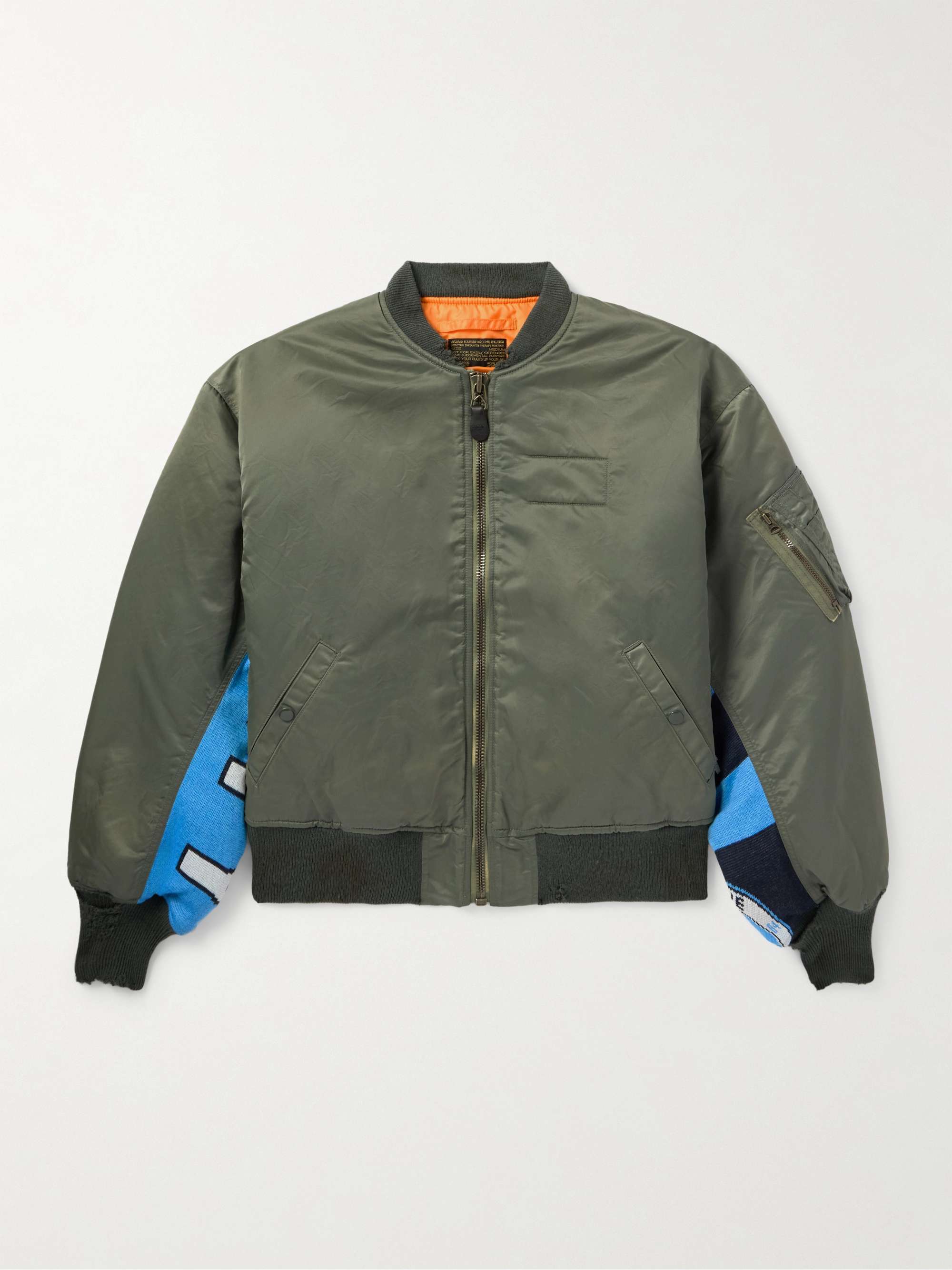 Distressed Padded Jacquard-Panelled Nylon Bomber Jacket view
