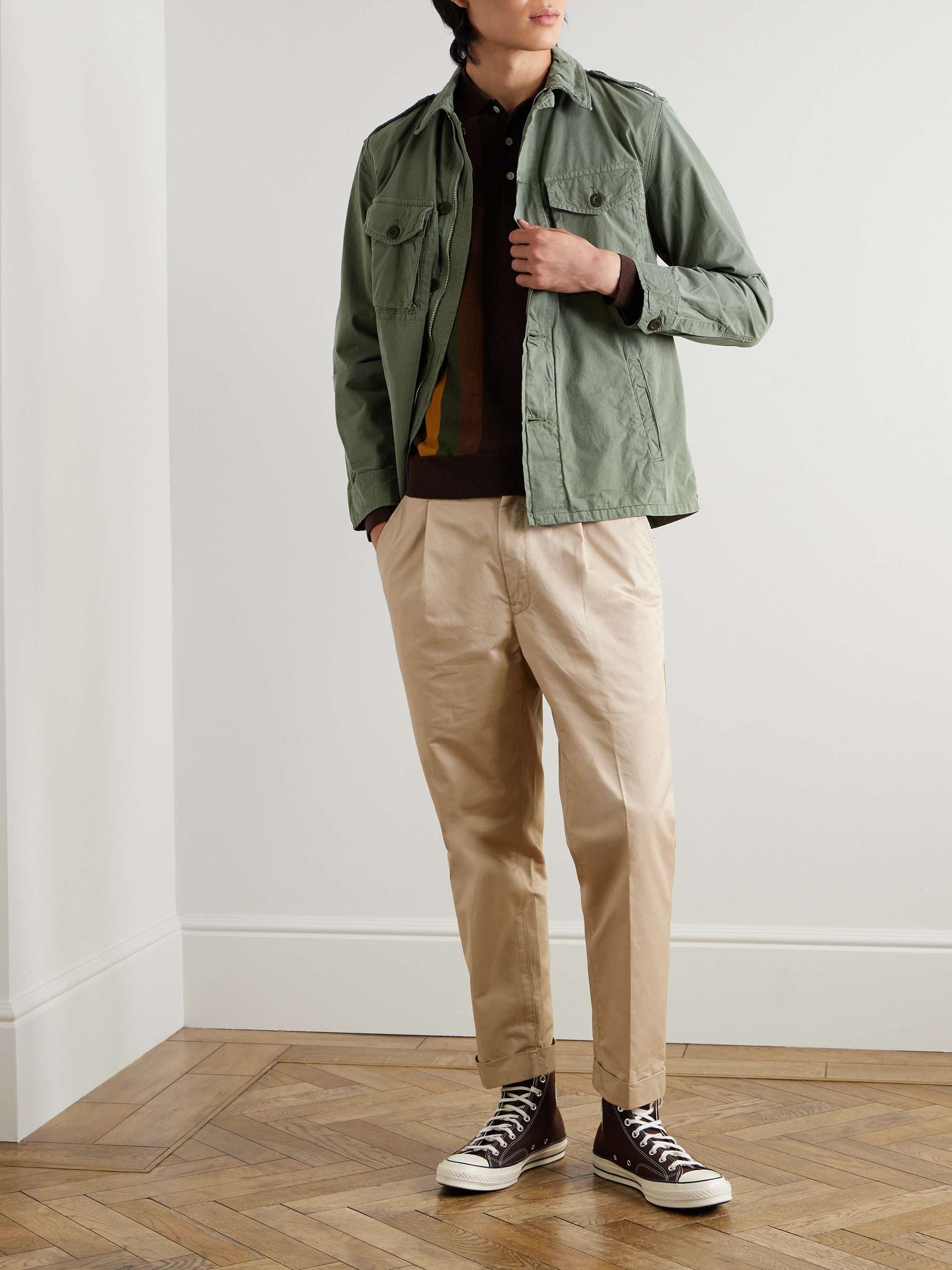 Tapered Pleated Cotton-Twill Trousers view