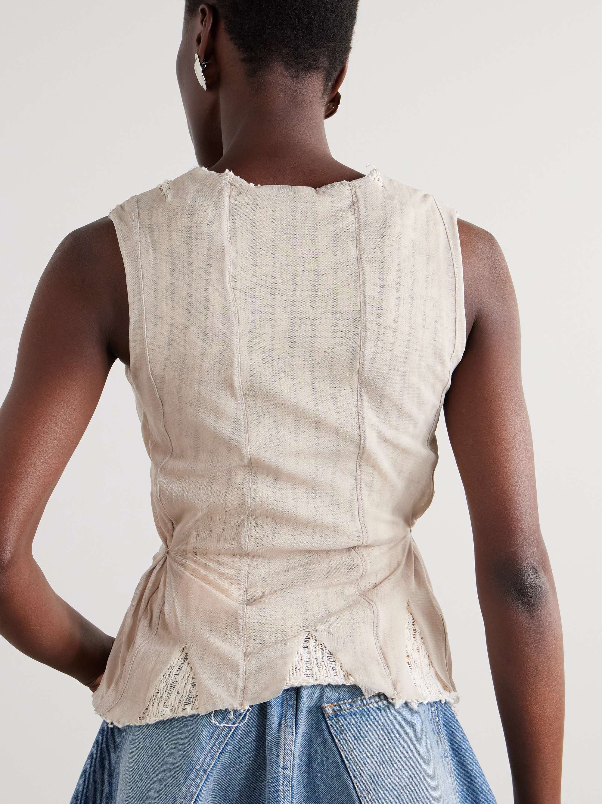 Ragged distressed mesh and cotton-blend crochet tank view