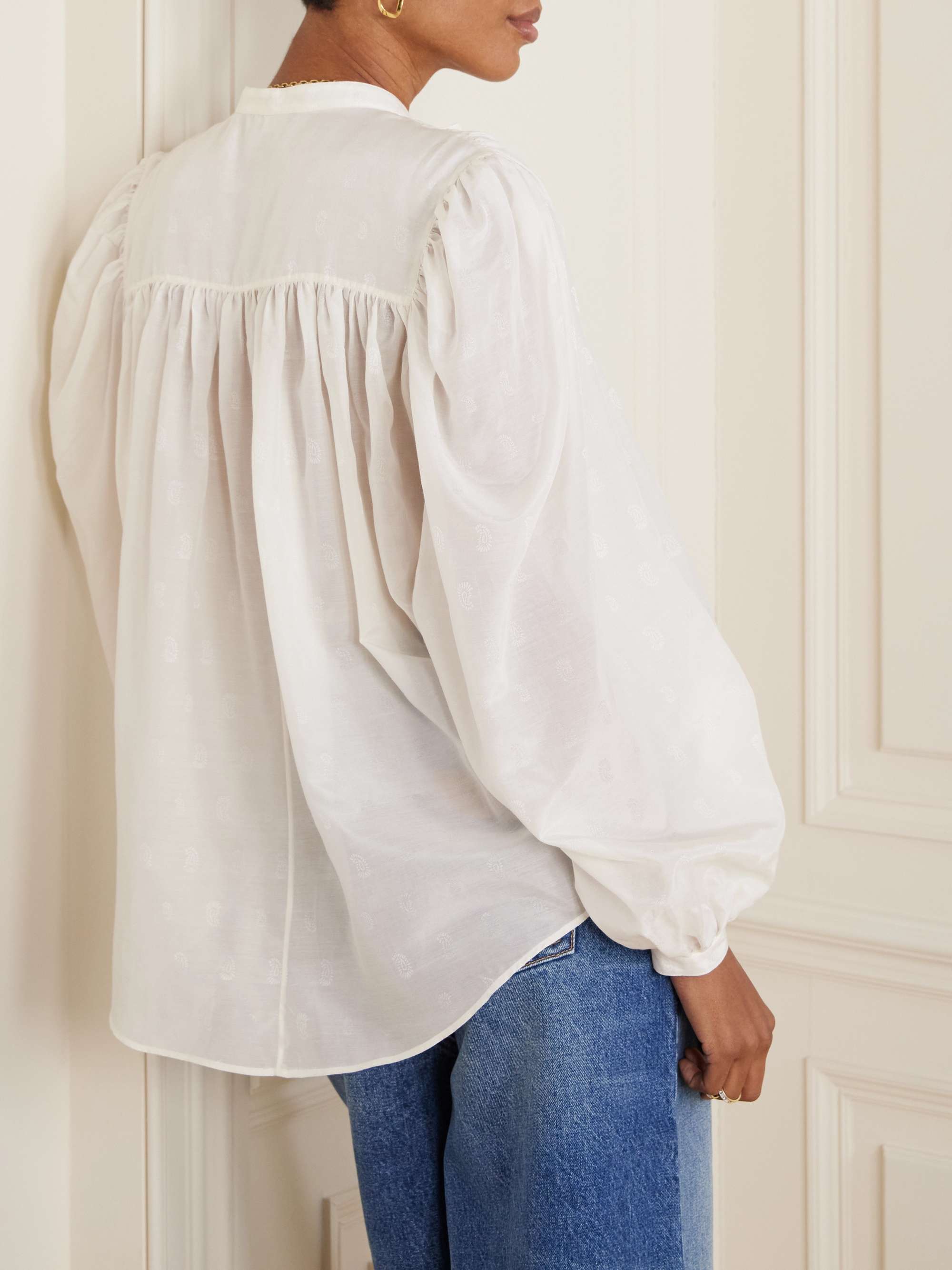 Pleated paisley-print cotton and silk-blend blouse view