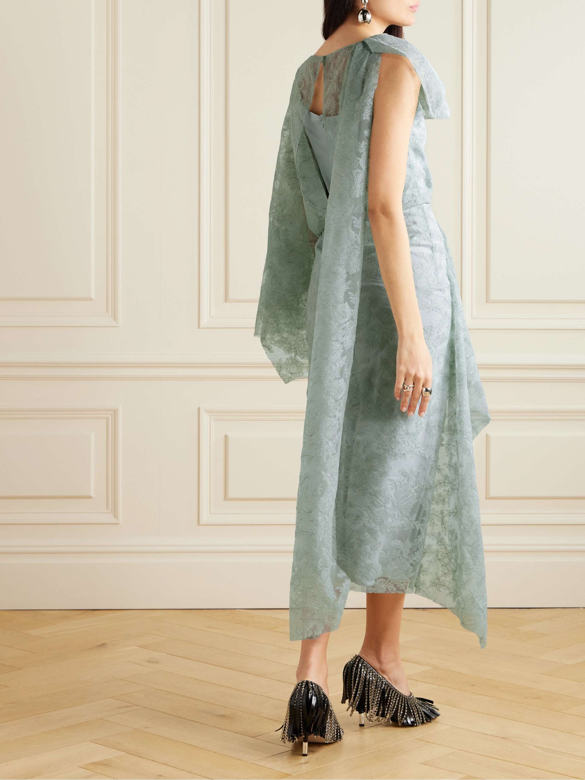 Asymmetric draped crepon-trimmed embroidered tulle midi dress view