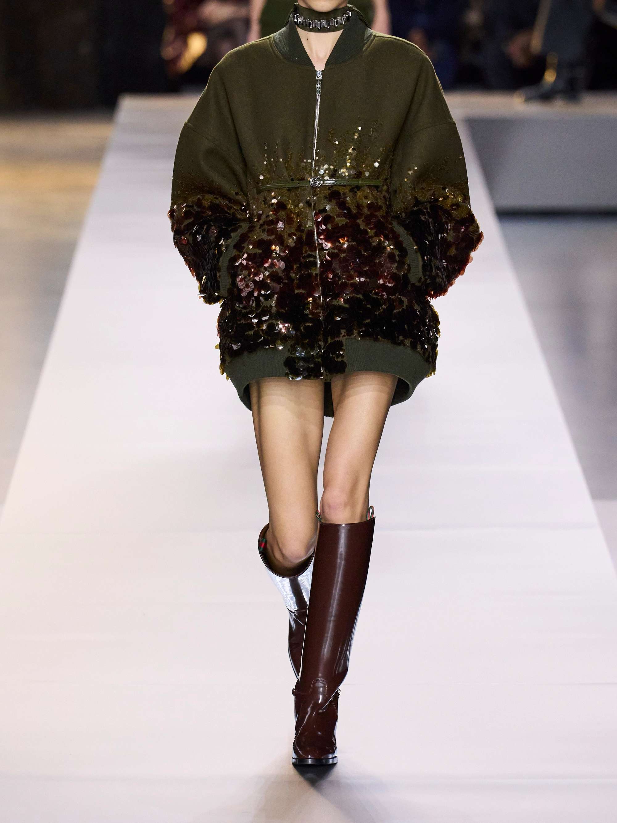 Oversized belted leather-trimmed paillette-embellished wool bomber jacket view