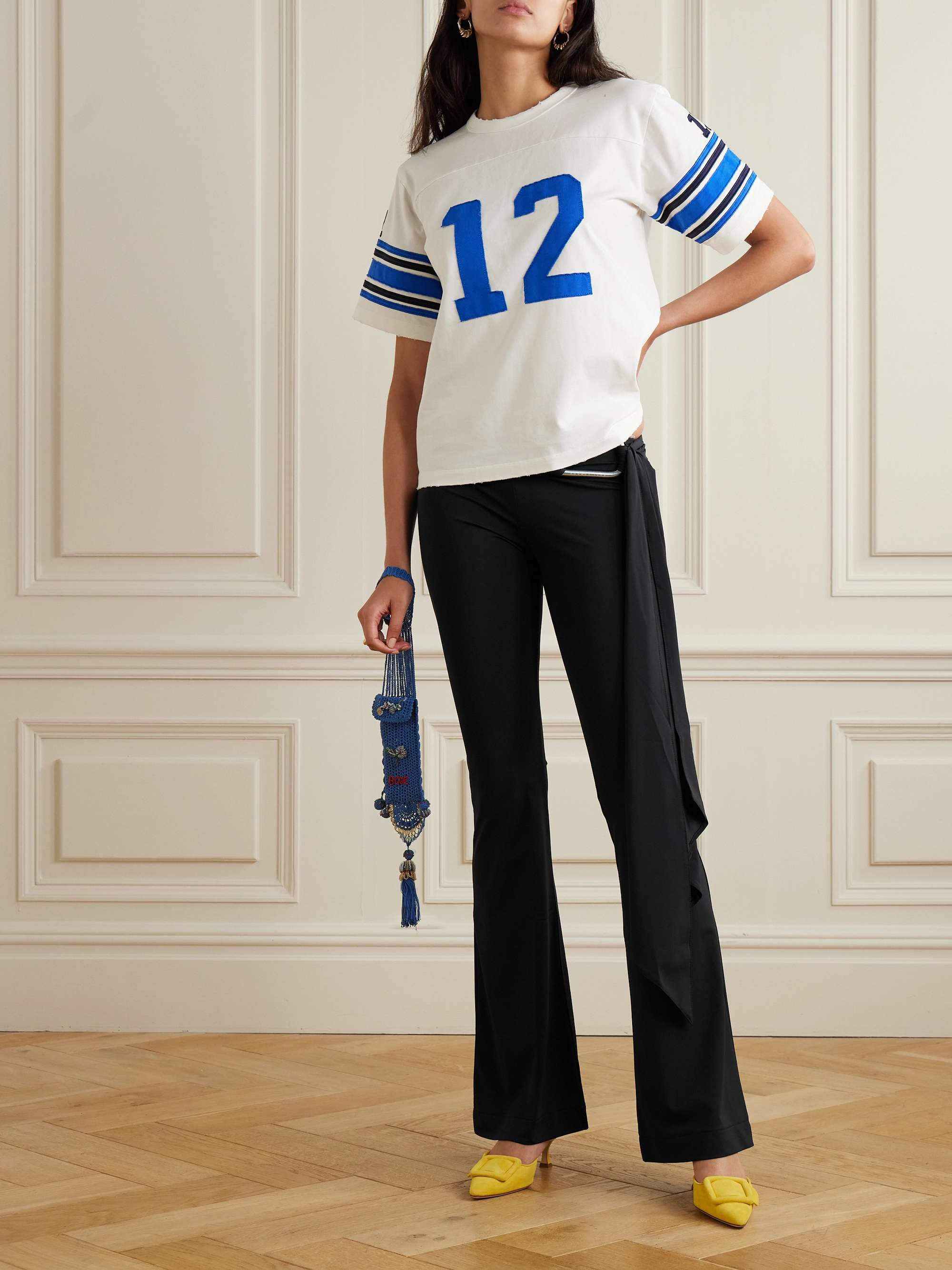 Embellished draped stretch-jersey flared track pants view