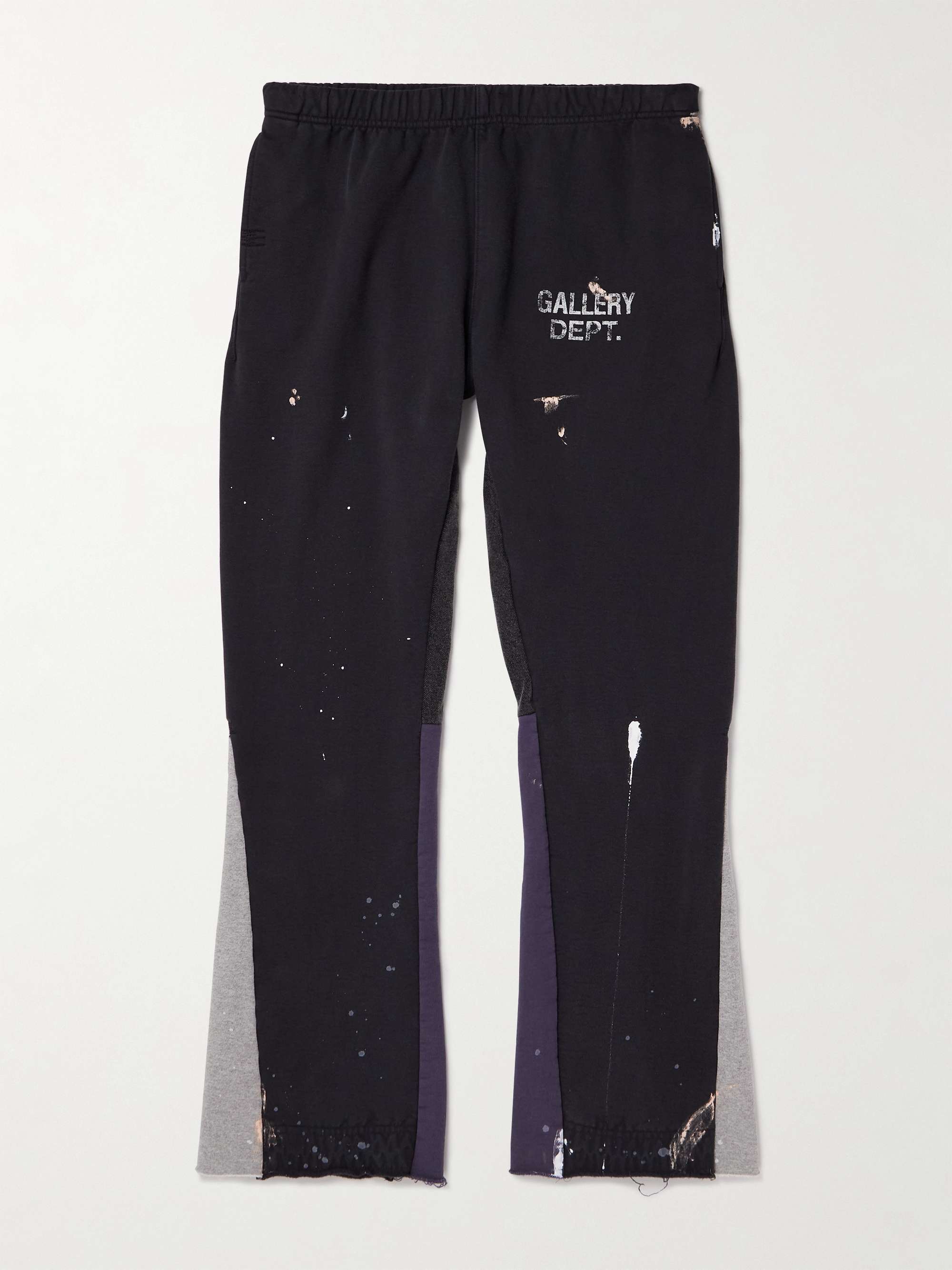 Flared Paint-Splattered Panelled Logo-Print Cotton-Jersey Sweatpants view