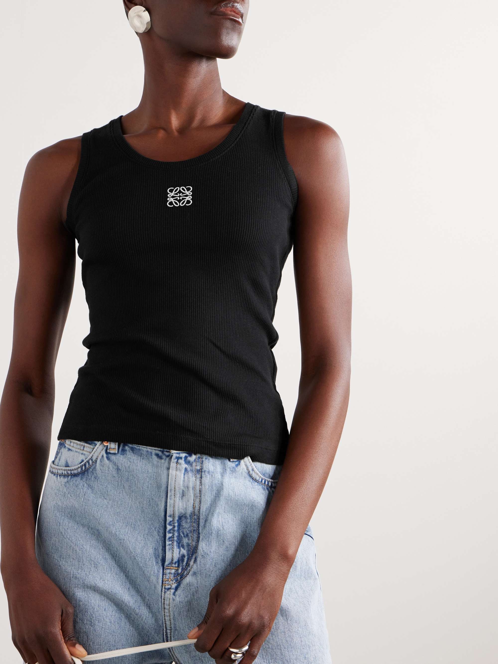 Embroidered ribbed stretch-cotton tank view