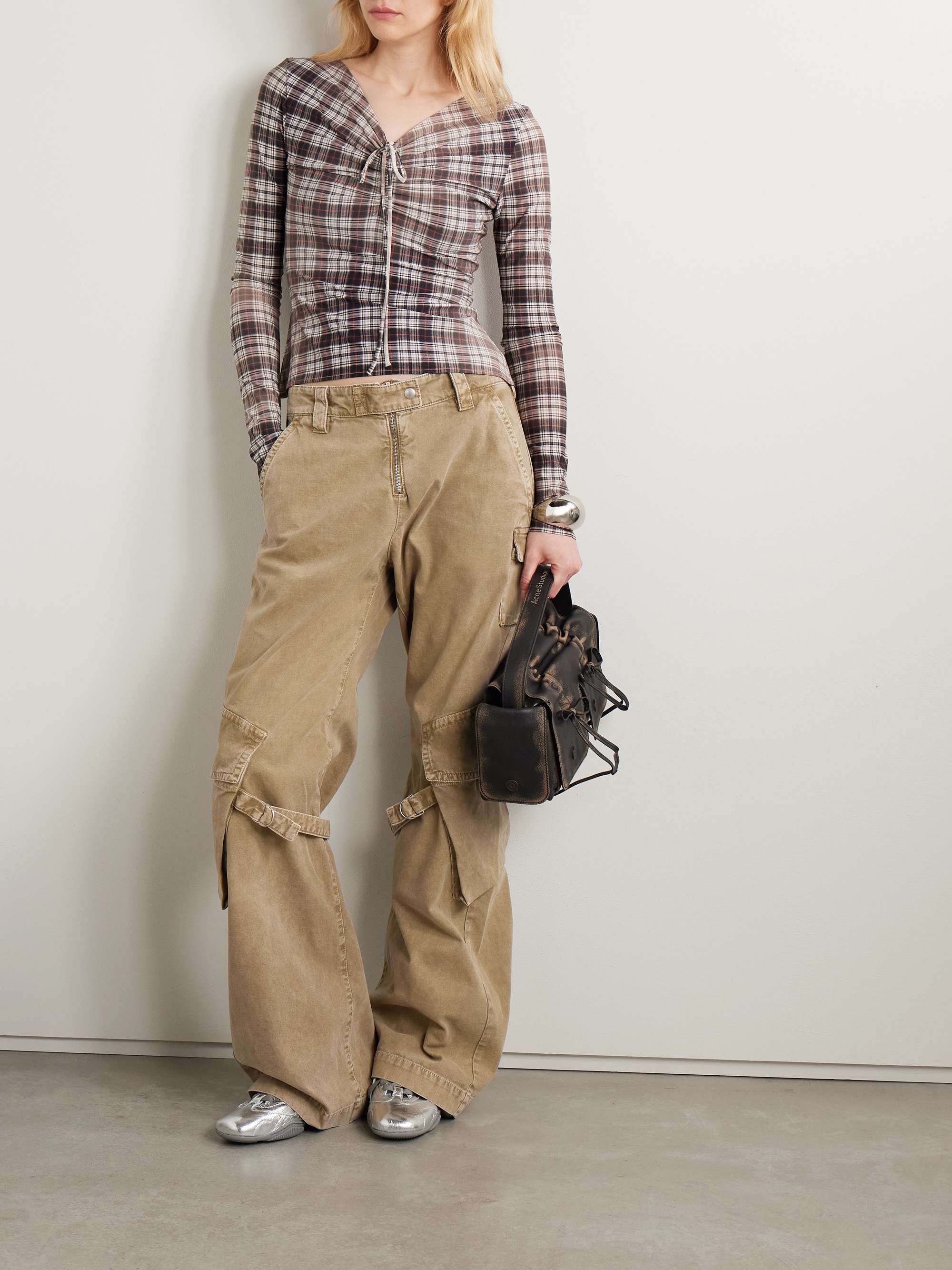 Ruched checked stretch-jersey top view