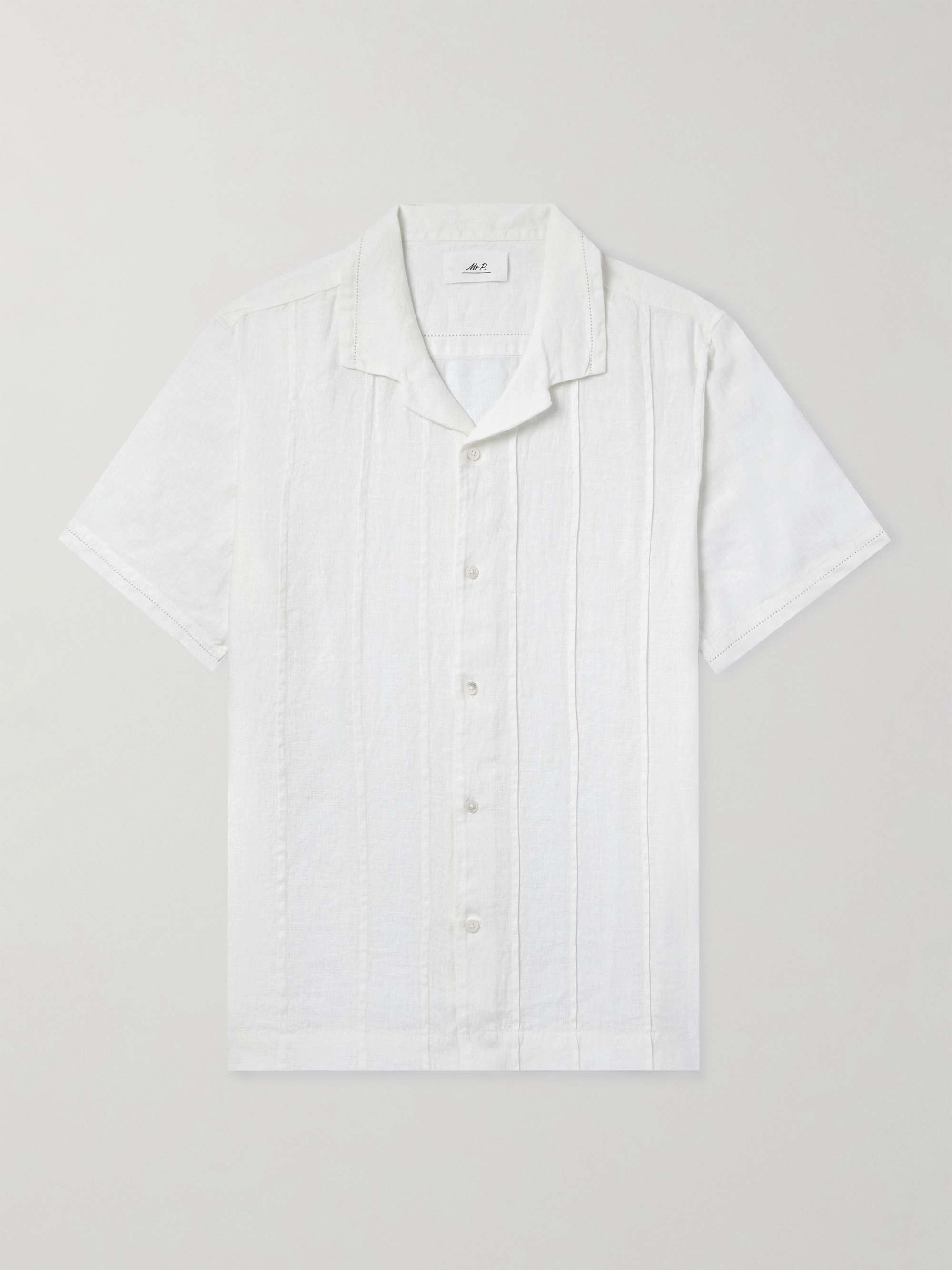 Camp-Collar Embroidered Pintucked Linen Shirt view
