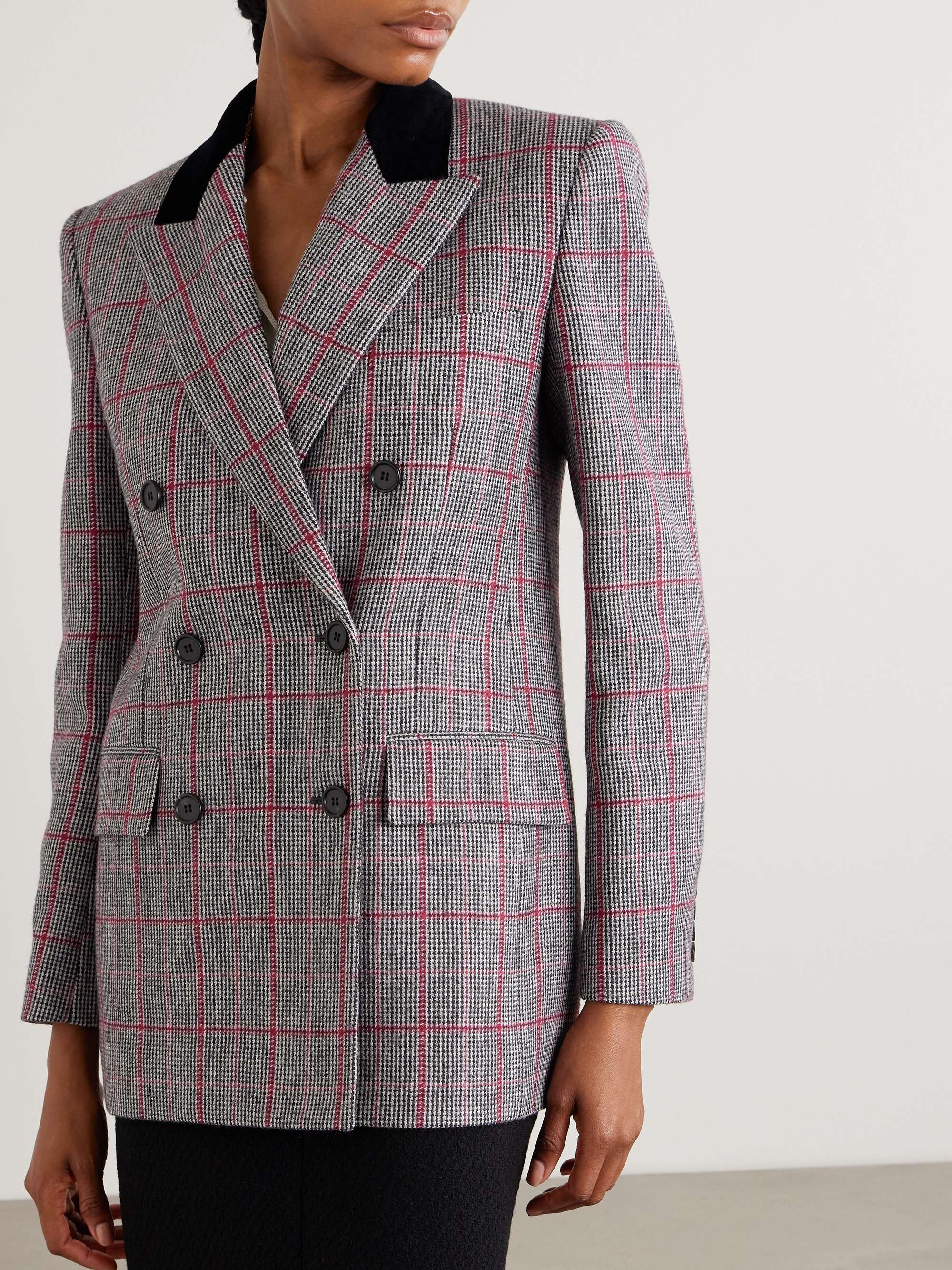 Double-breasted velvet-trimmed checked wool blazer view