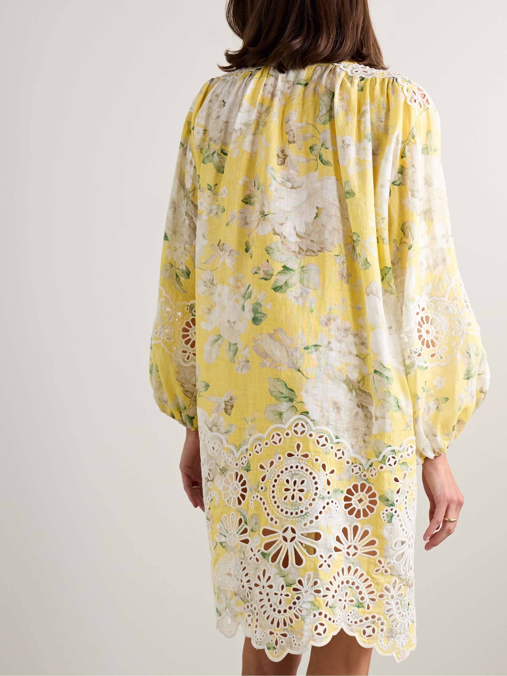Acacia tie-neck broderie anglaise-trimmed floral-print linen mini dress view