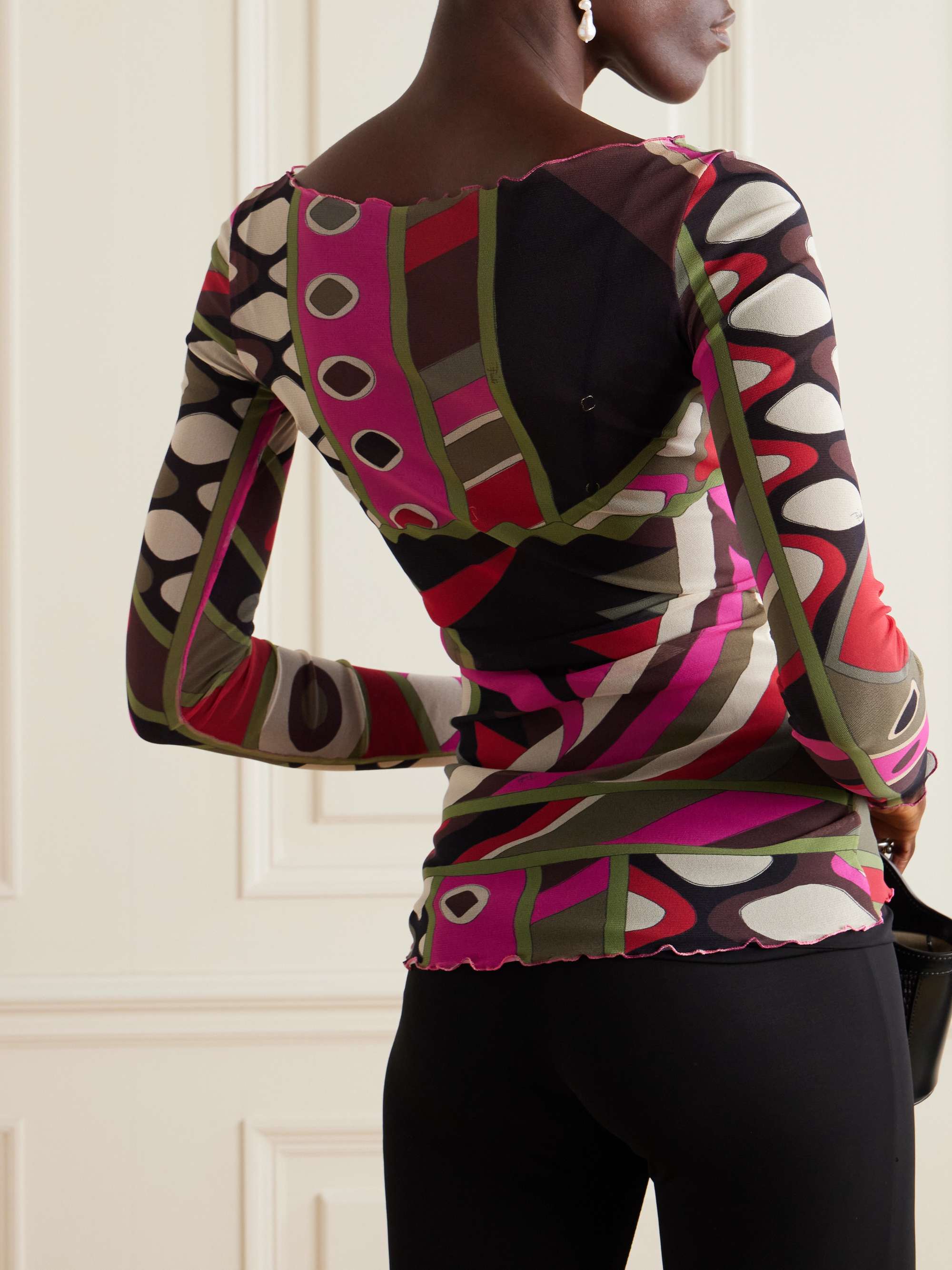 Ruffle-trimmed printed chiffon top view