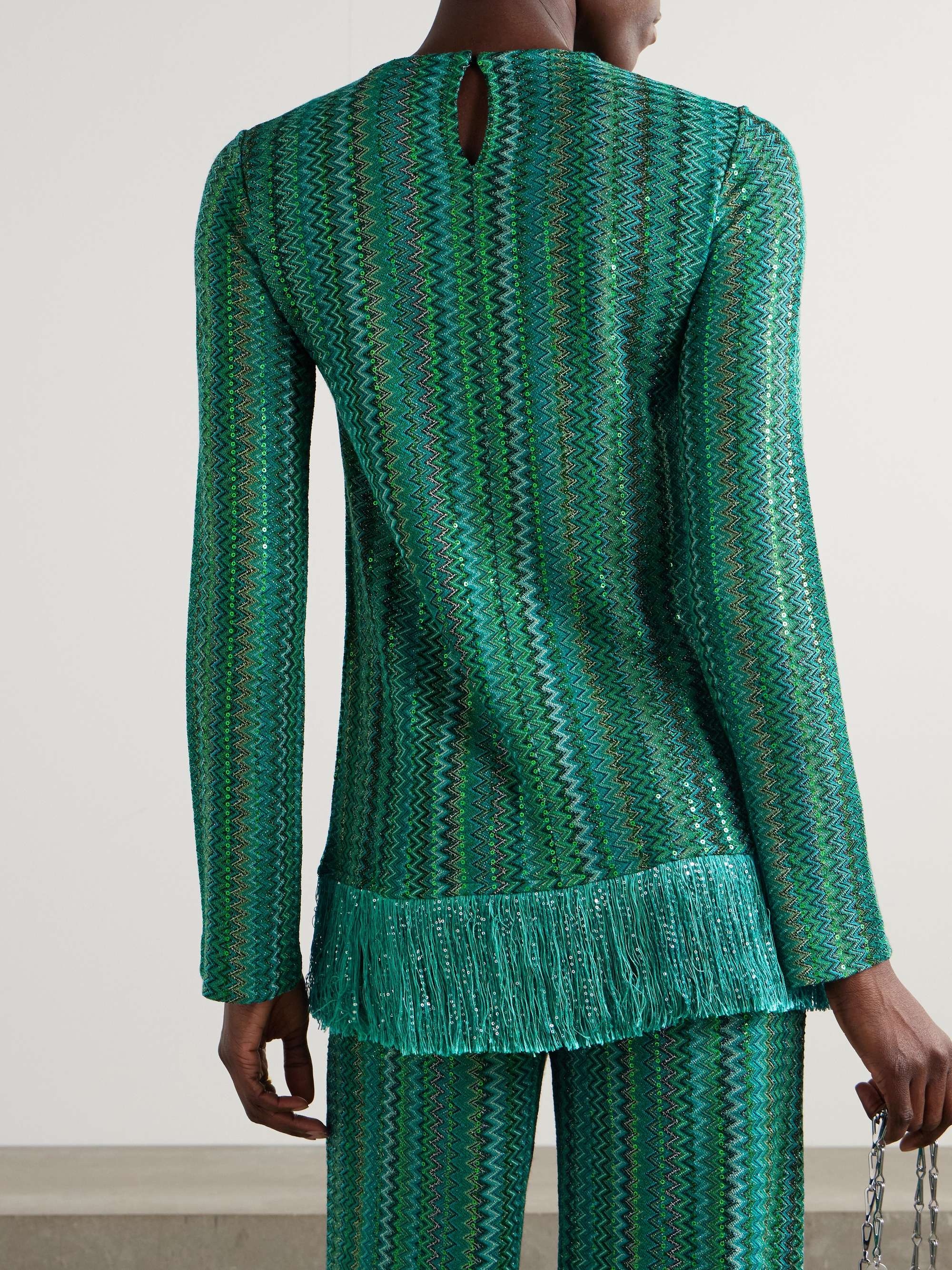 Fringed sequin-embellished metallic crochet-knit sweater view