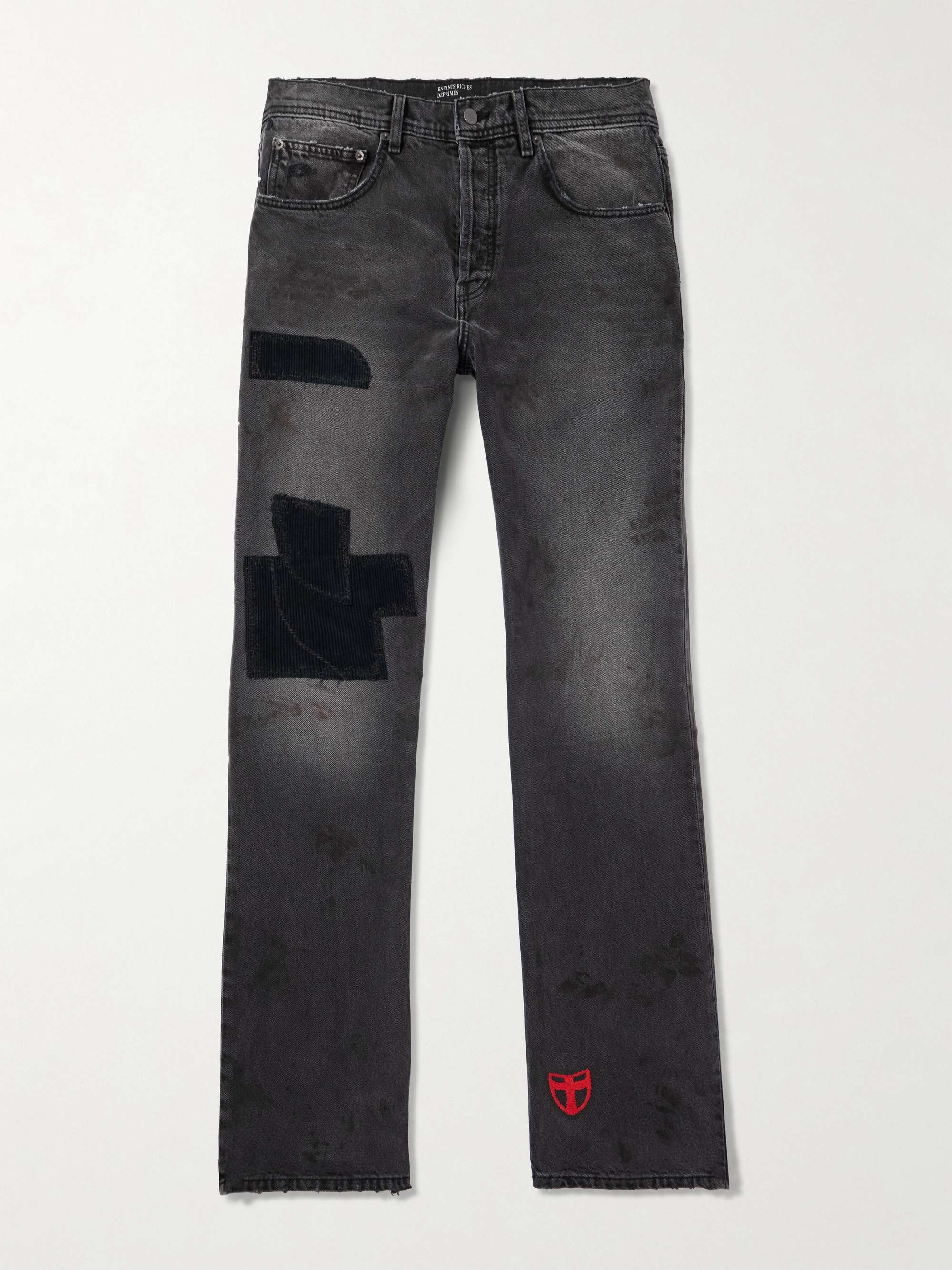 Patchwork Slim-Fit Flared Corduroy-Appliquéd Embroidered Distressed Jeans view