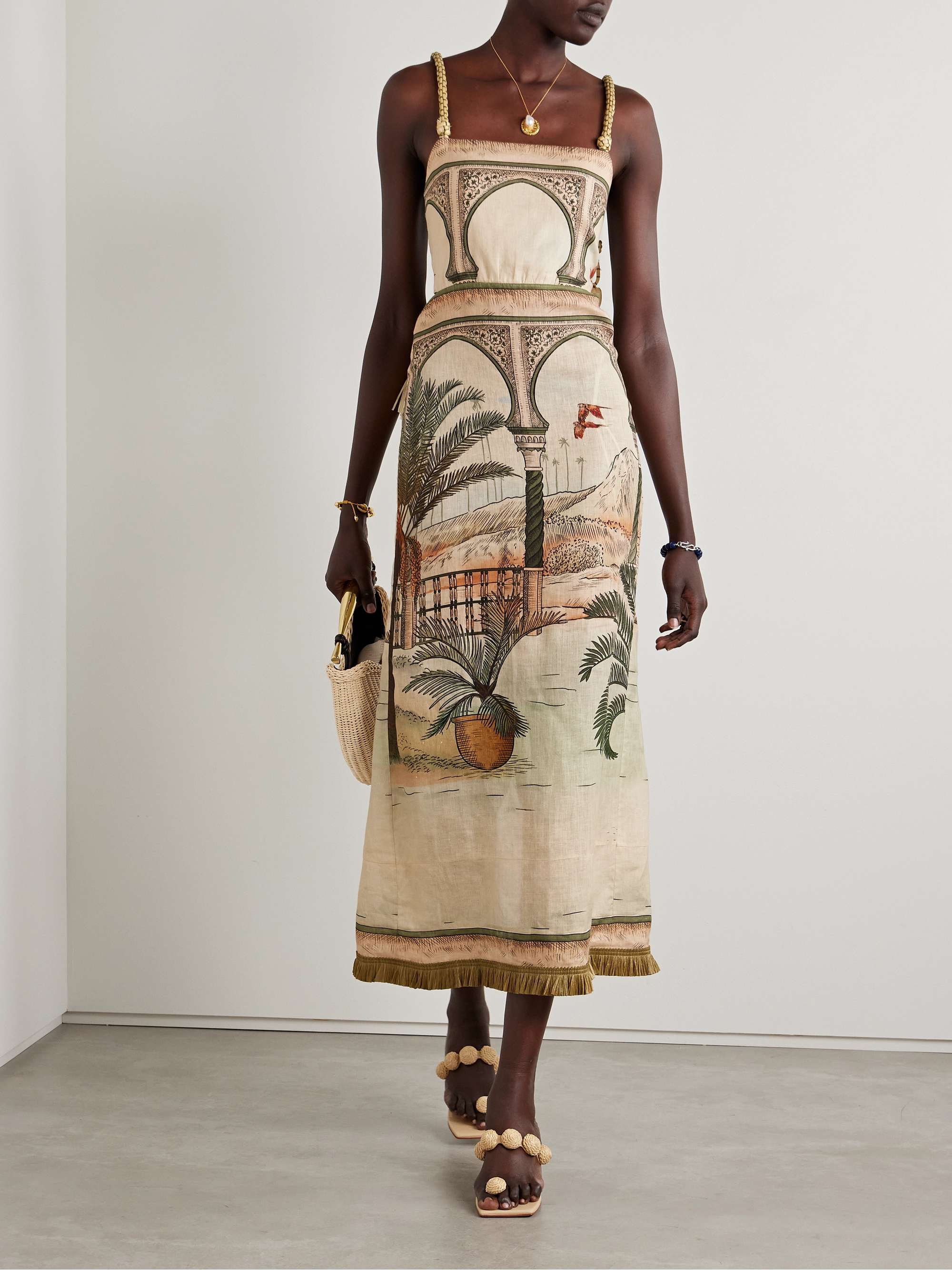 Cartagening tasseled straw-trimmed printed linen-voile midi dress view