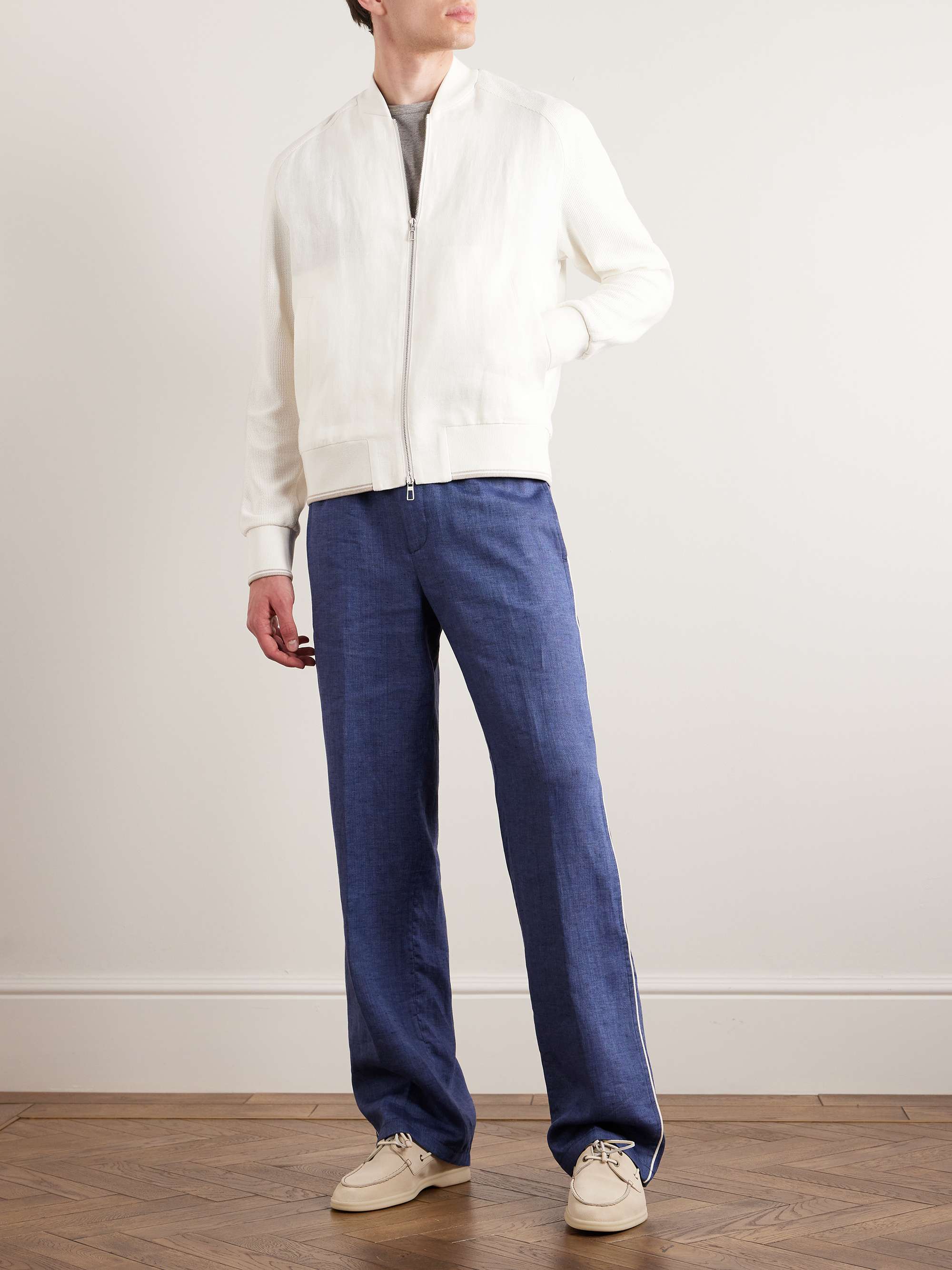 Panelled Herringbone and Waffle-Knit Linen and Silk Bomber Jacket view