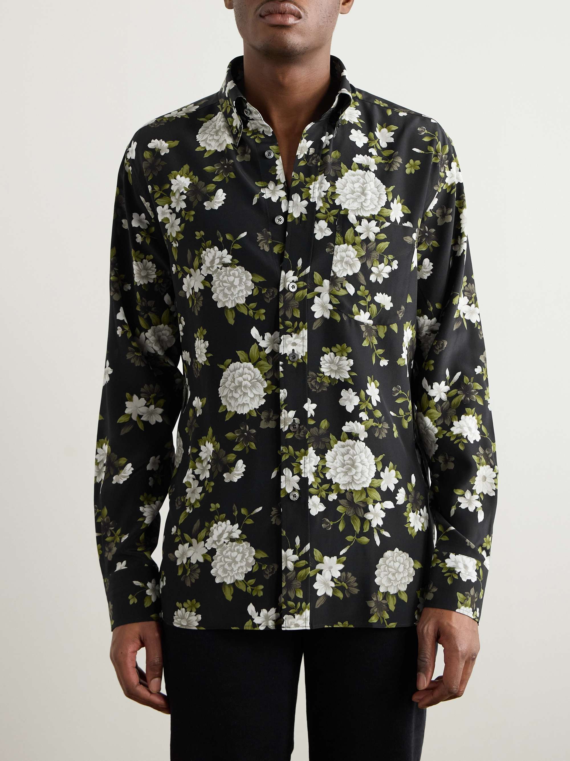 Hendrix Button-Down Collar Floral-Print Silk-Crepe Shirt view