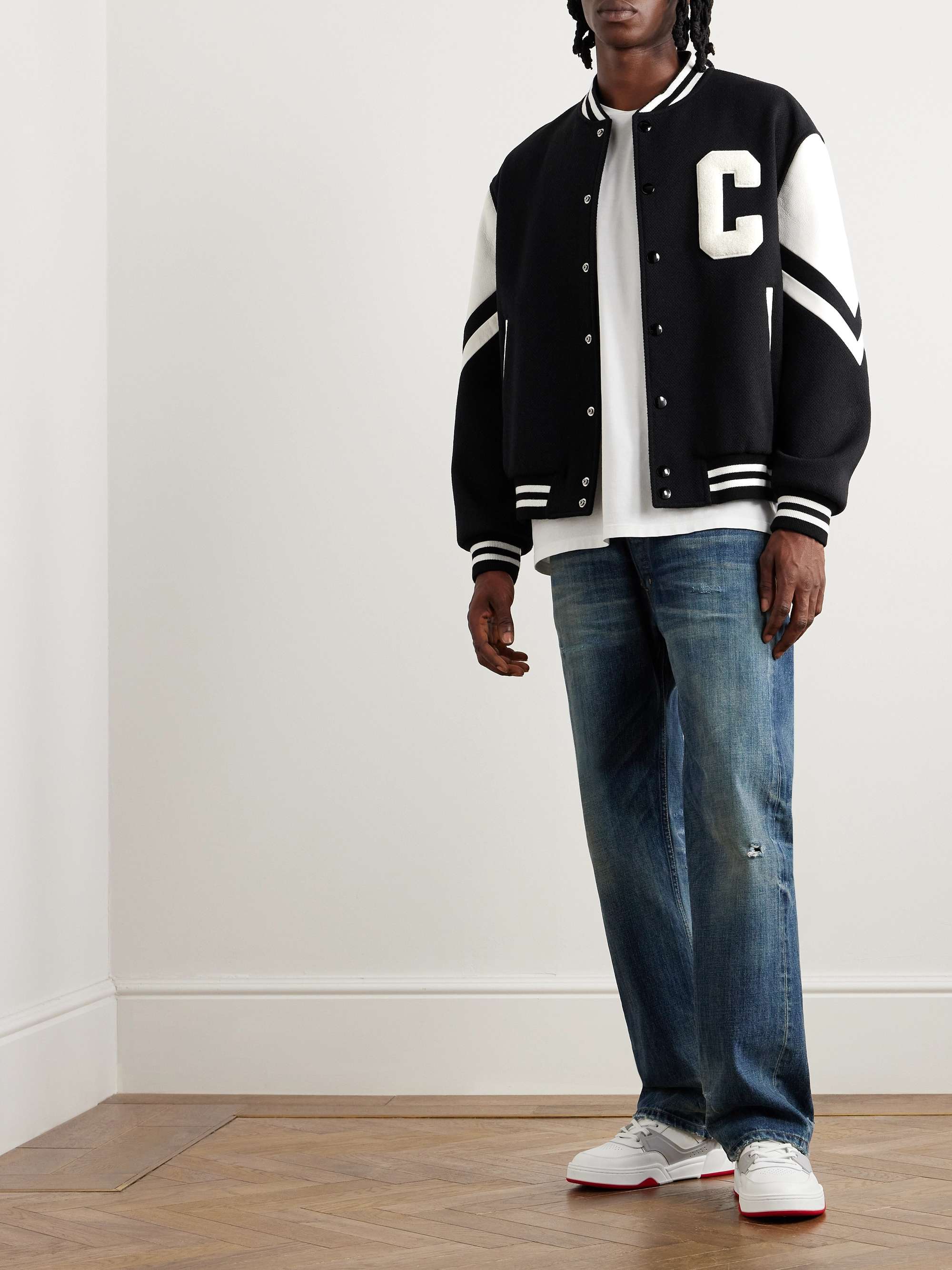 Logo-Appliquéd Virgin Wool-Blend and Leather Varsity Jacket view