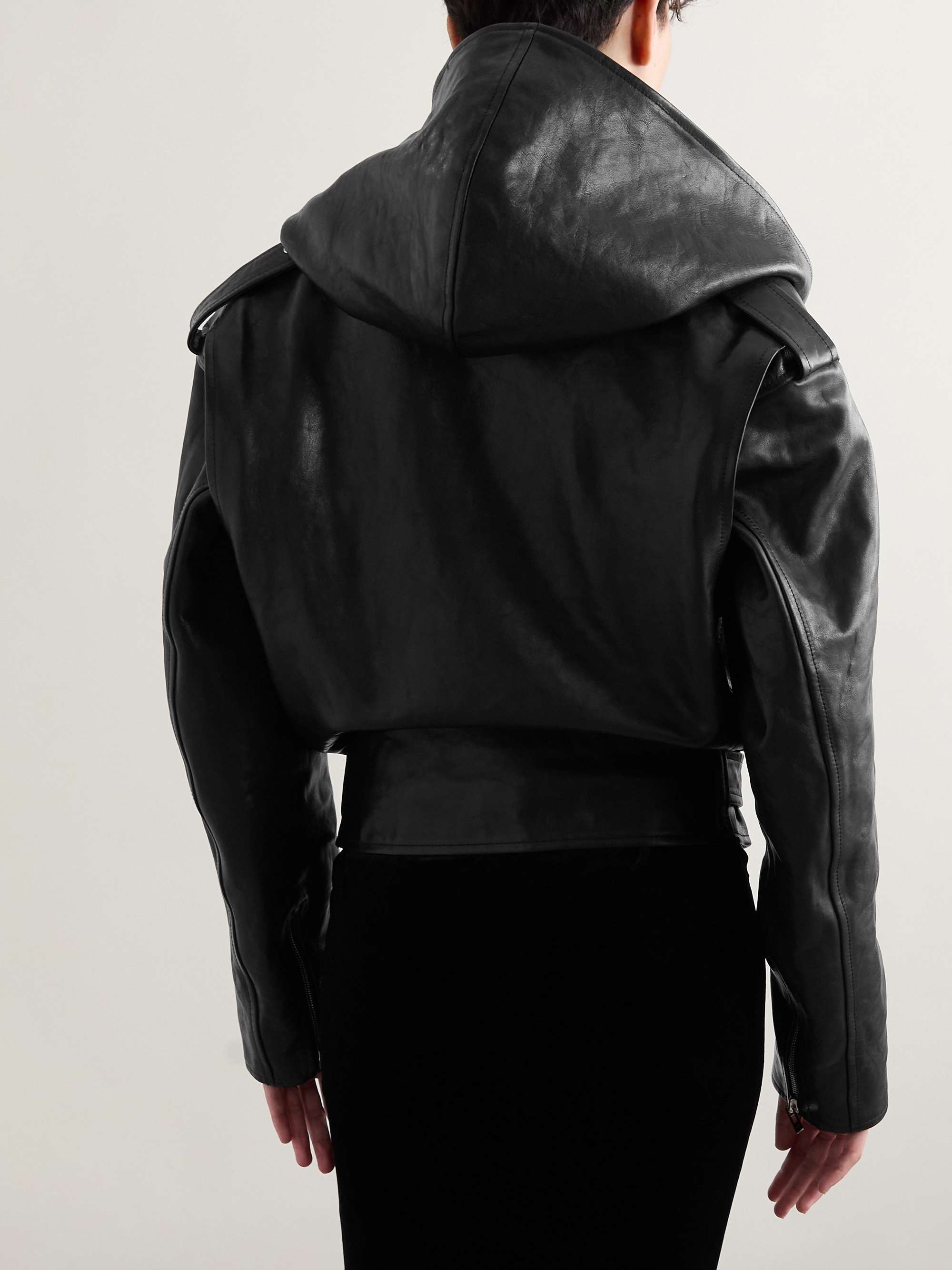 Hooded leather biker jacket view
