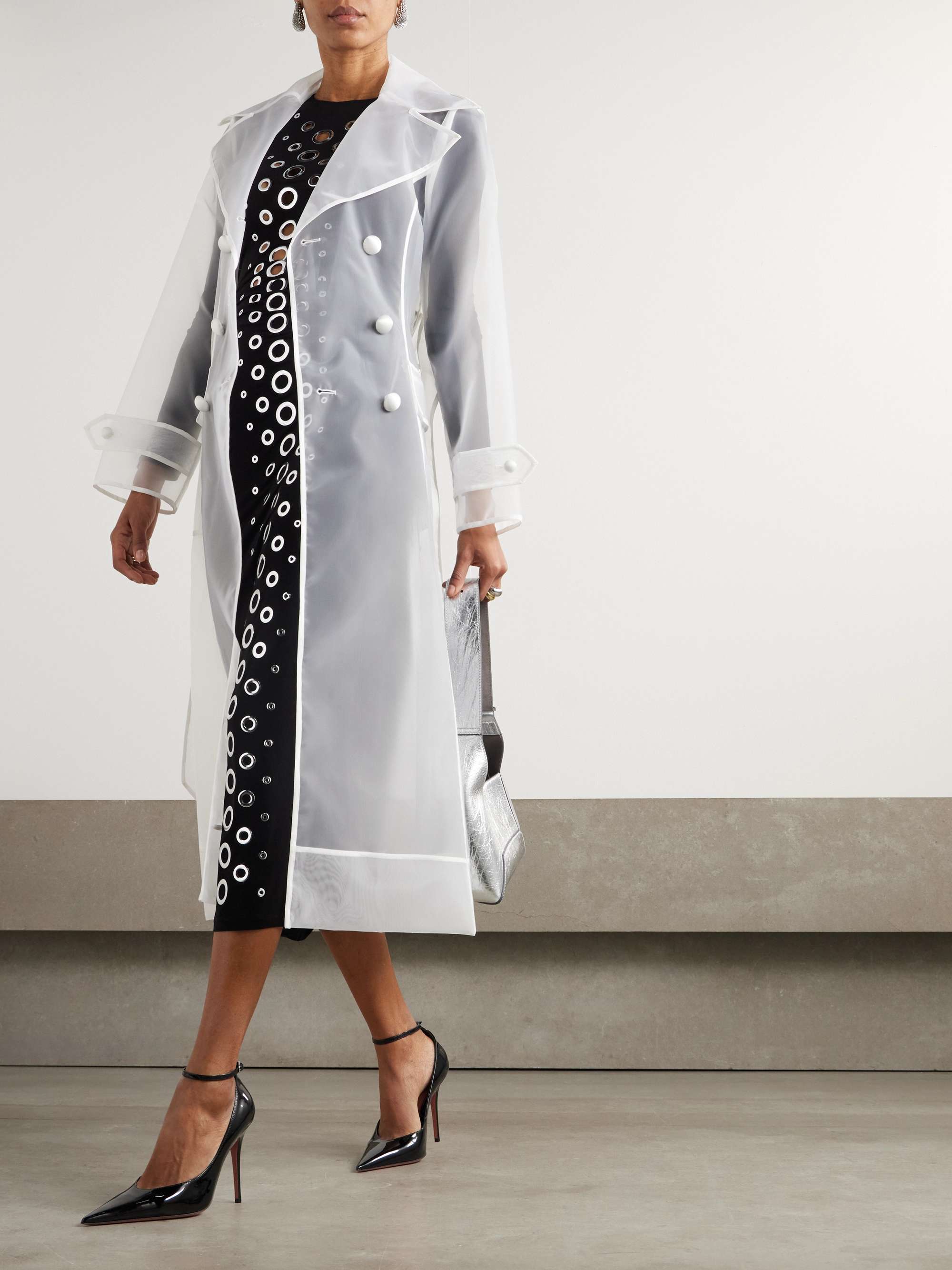 Double-breasted belted organza trench coat view