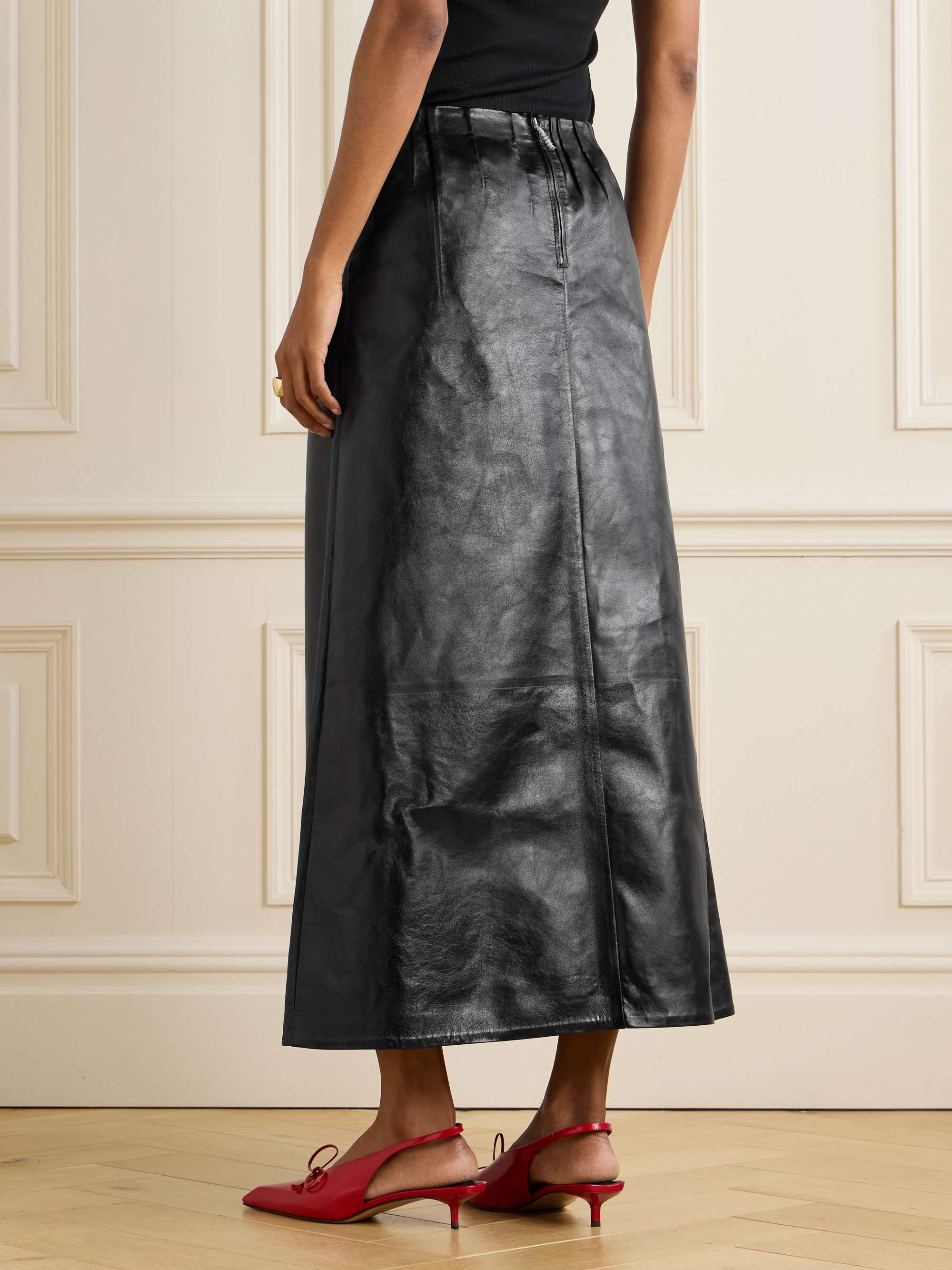 Paneled crinkled-leather midi skirt view