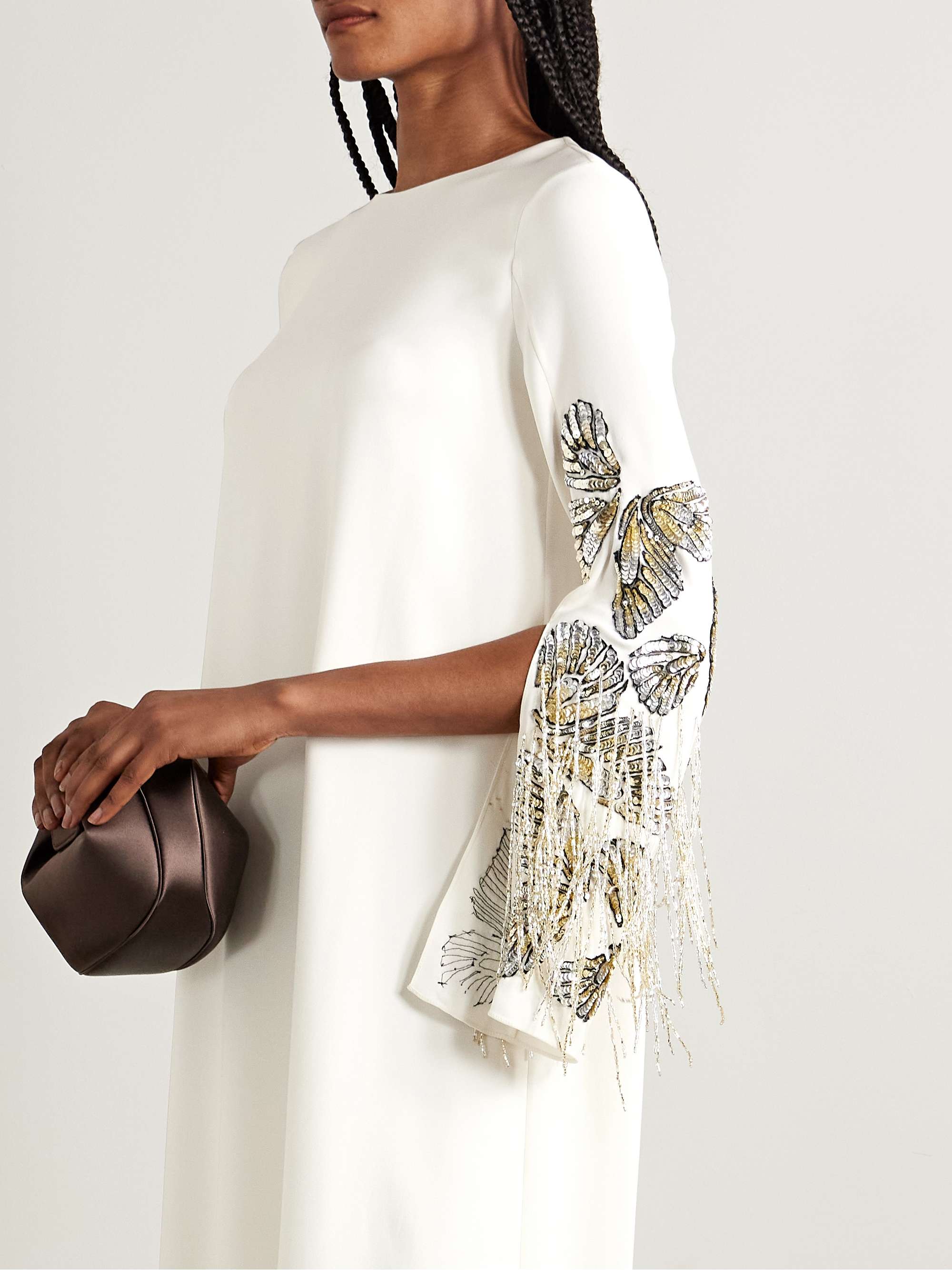 Embroidered embellished silk-blend crepe gown view