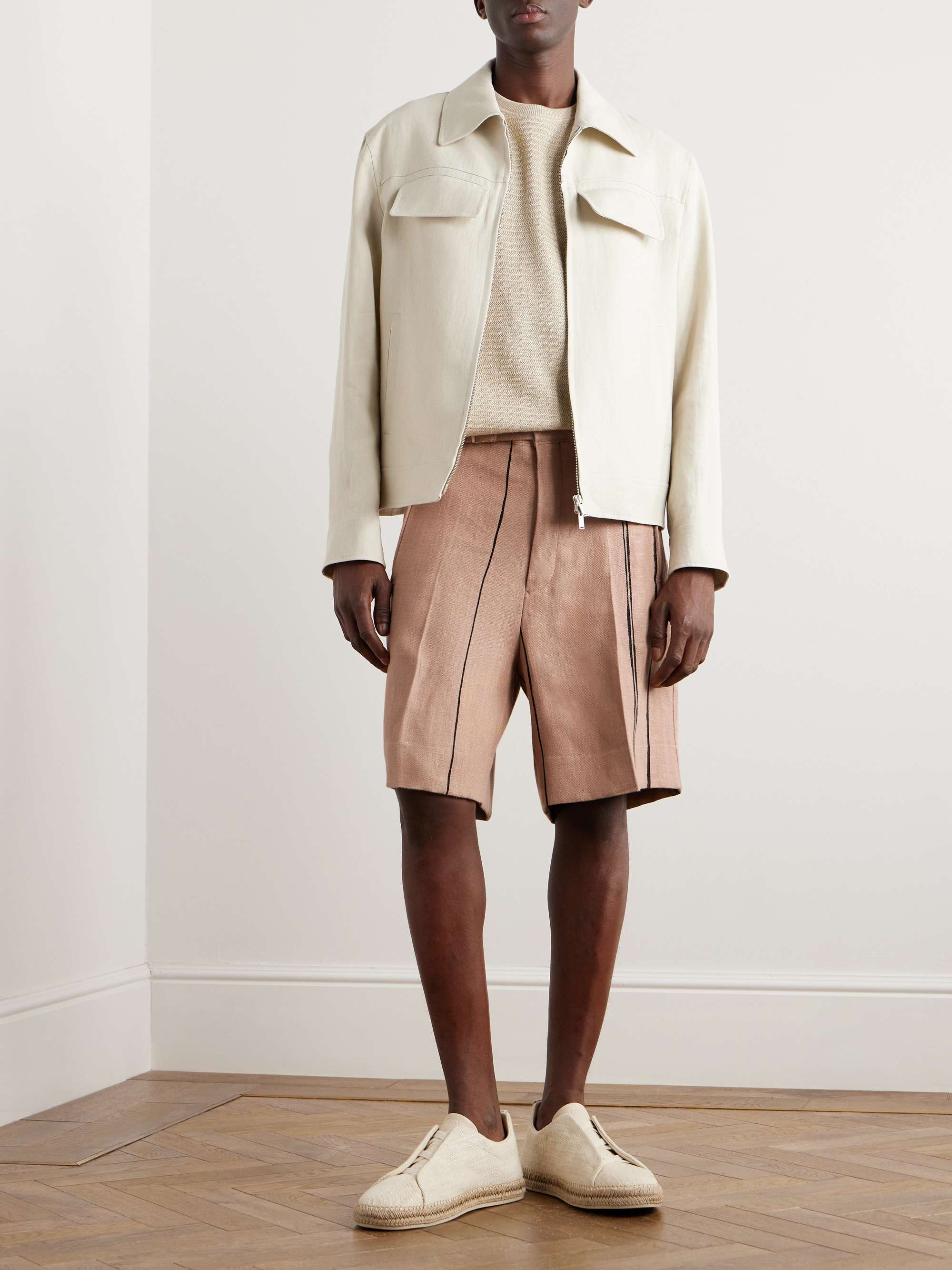 Wide-Leg Belted Striped Oasi Lino Shorts view