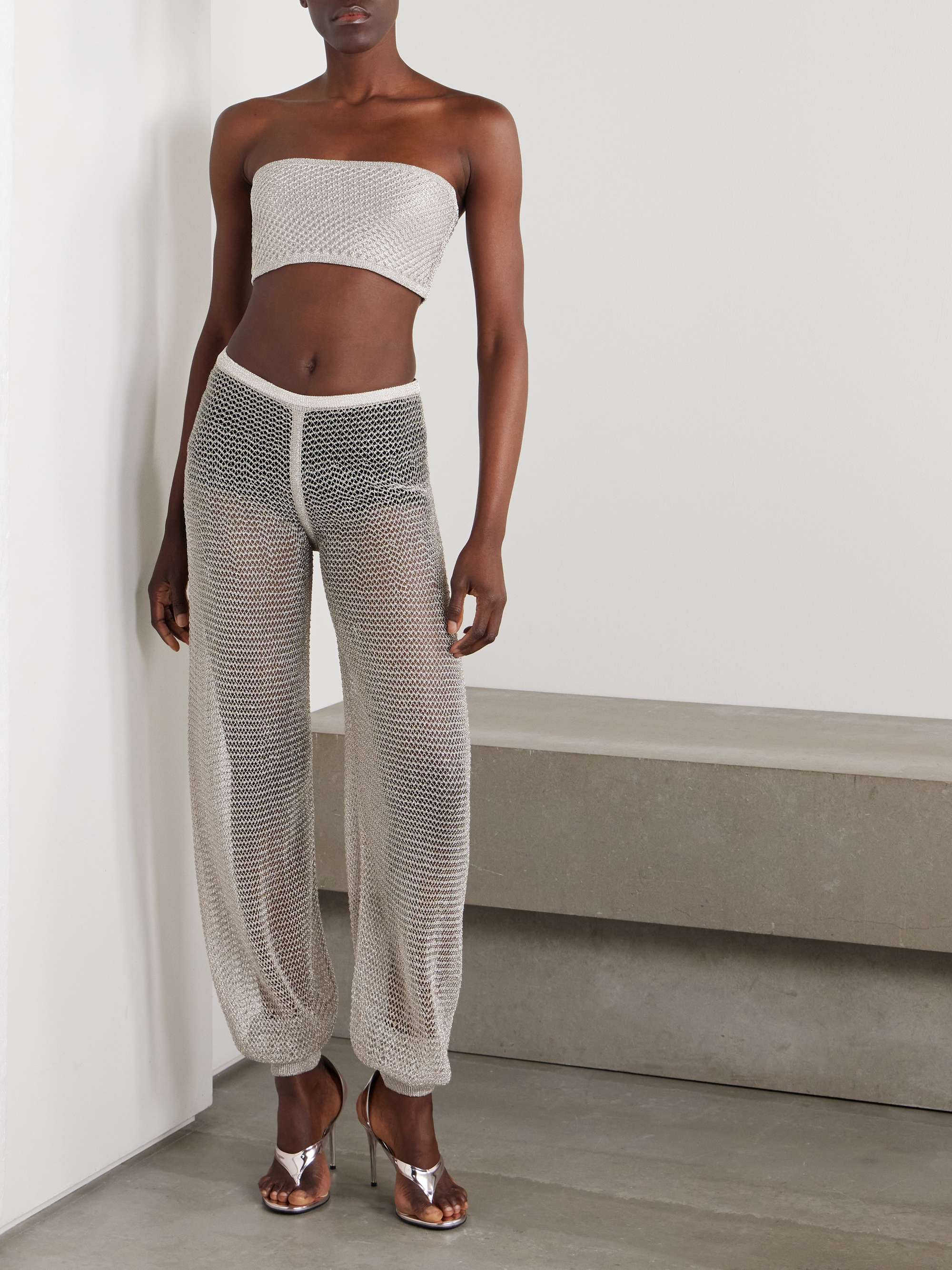 Cropped metallic open-knit bandeau top view