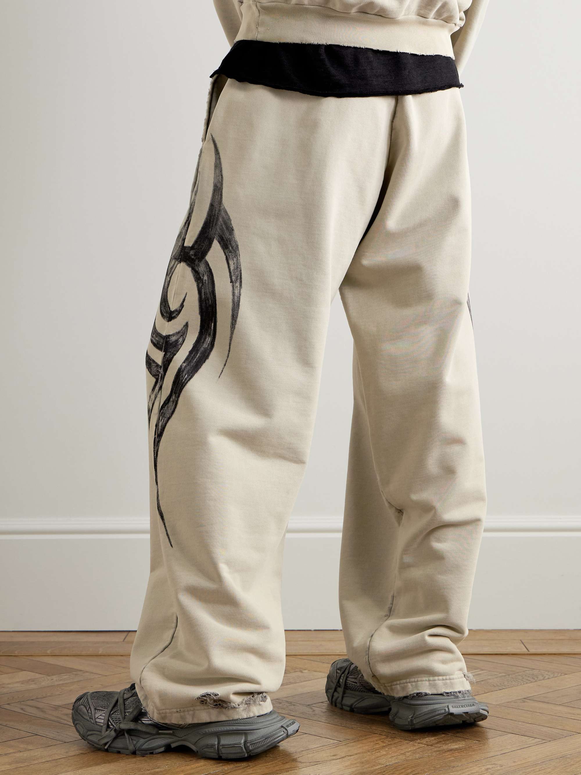 Wide-Leg Distressed Printed Cotton-Jersey Sweatpants view