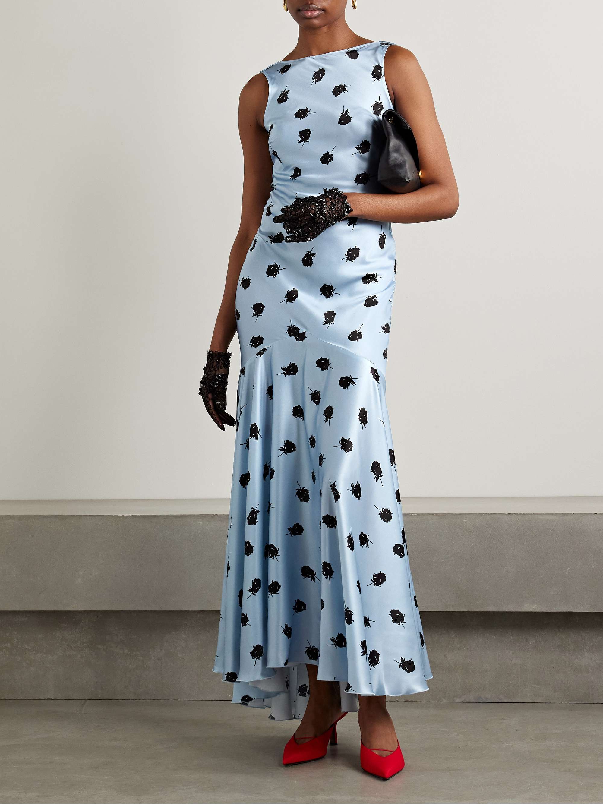 Open-back draped floral-print satin maxi dress view