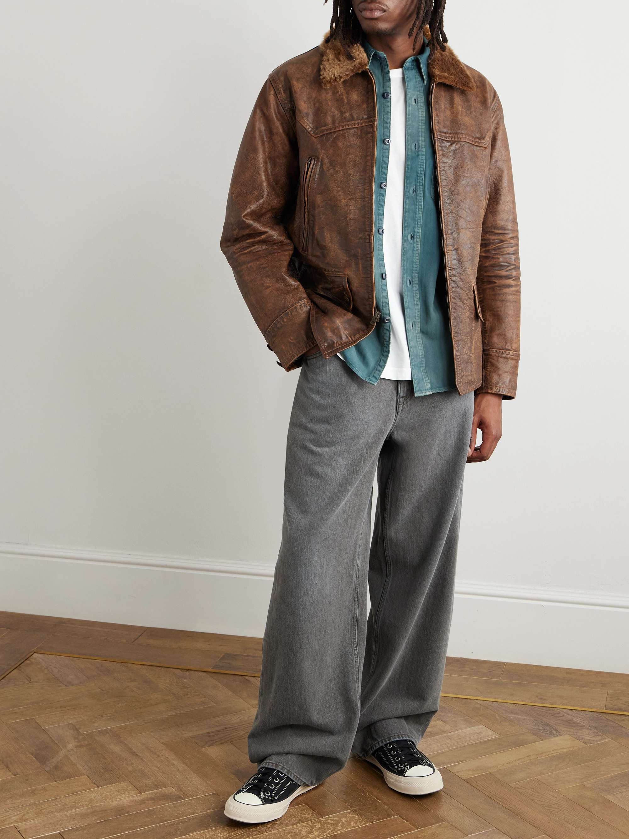 Thurston Shearling-Trimmed Distressed Leather Jacket view