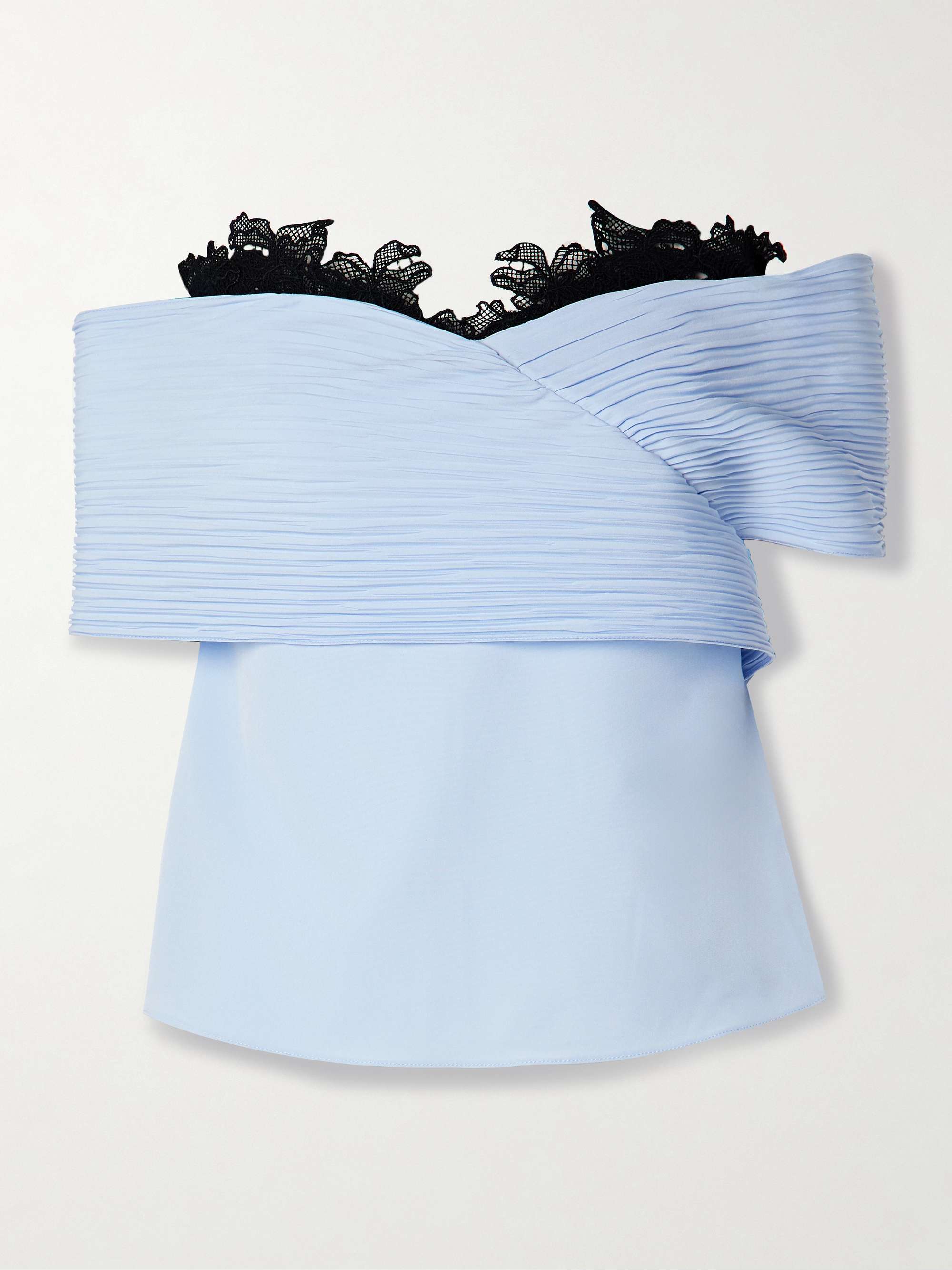 Penelope off-the-shoulder guipure lace-trimmed plissé-crepe de chine top view